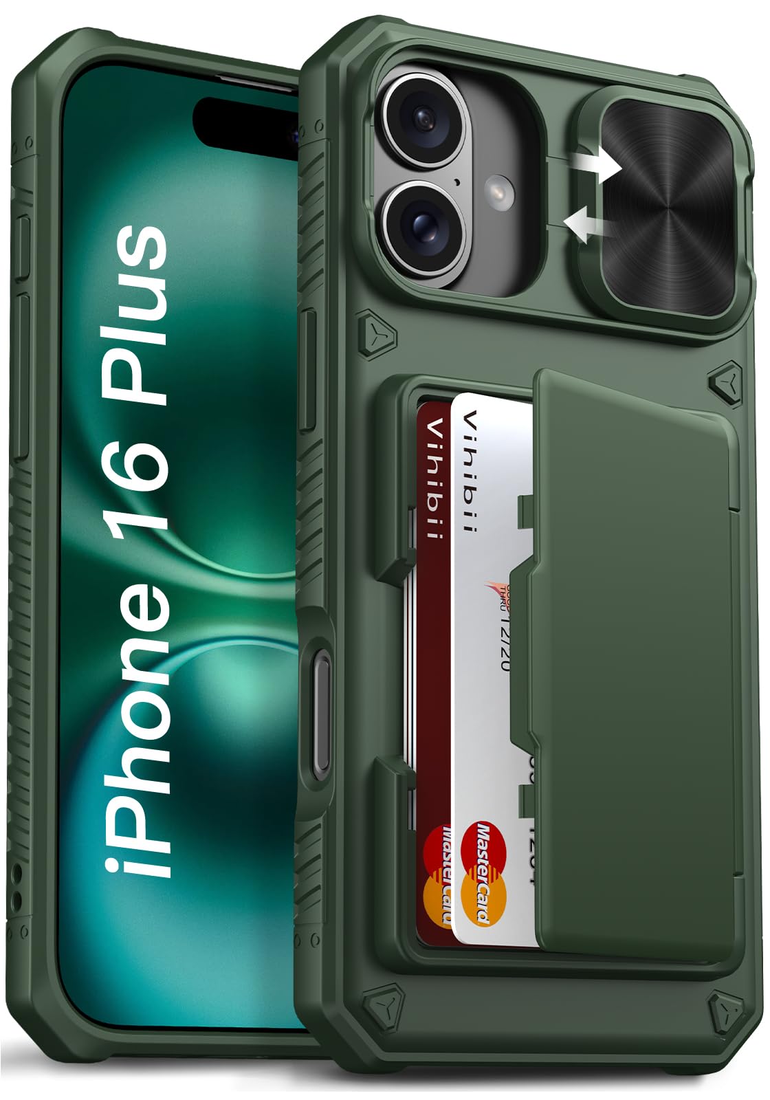 Vihibii For Iphone 16 Plus Case With Card Holder (4 Cards) [Rfid Blocking] & Slide Camera Cover, Military Grade Drop Protection,