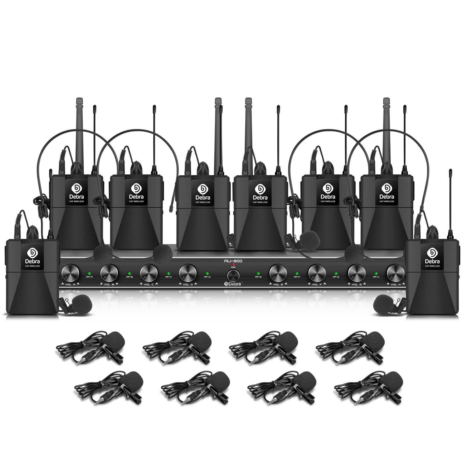 D Debra Audio AU800 Pro UHF 8 Channel Wireless Microphone System with Cordless Handheld Lavalier Headset Mics, Metal Receiver, I