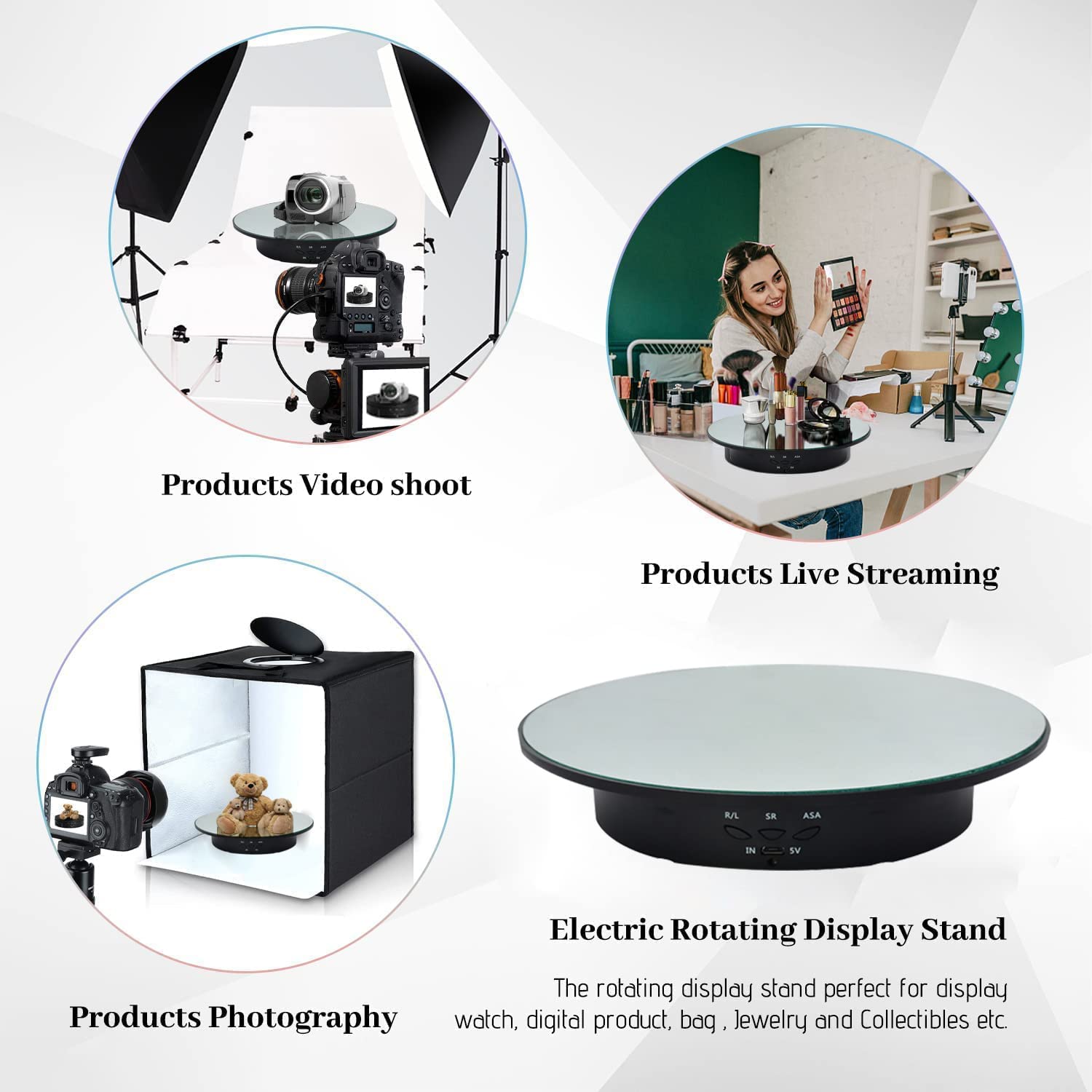 Qinmay 360 Degree Rotating Display Stand,360 Degree Photography Turntable With Remote Control,5 Pvc Backgrounds,Battery/Usb Powe