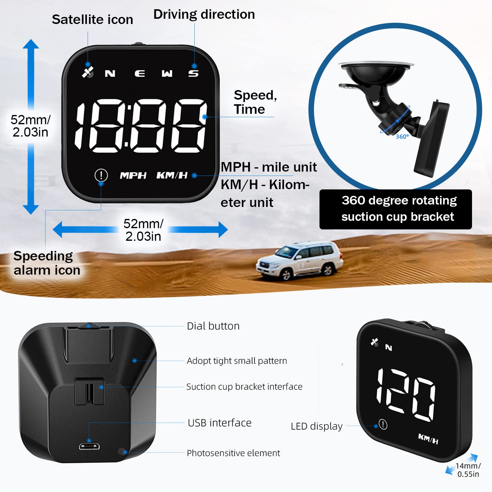 Fastsun G4S Digital Gps Speedometer, Car Hud Heads Up Display With Digital Speed In Mph Kph, Overspeed Alarm, Driver Fatigue Rem