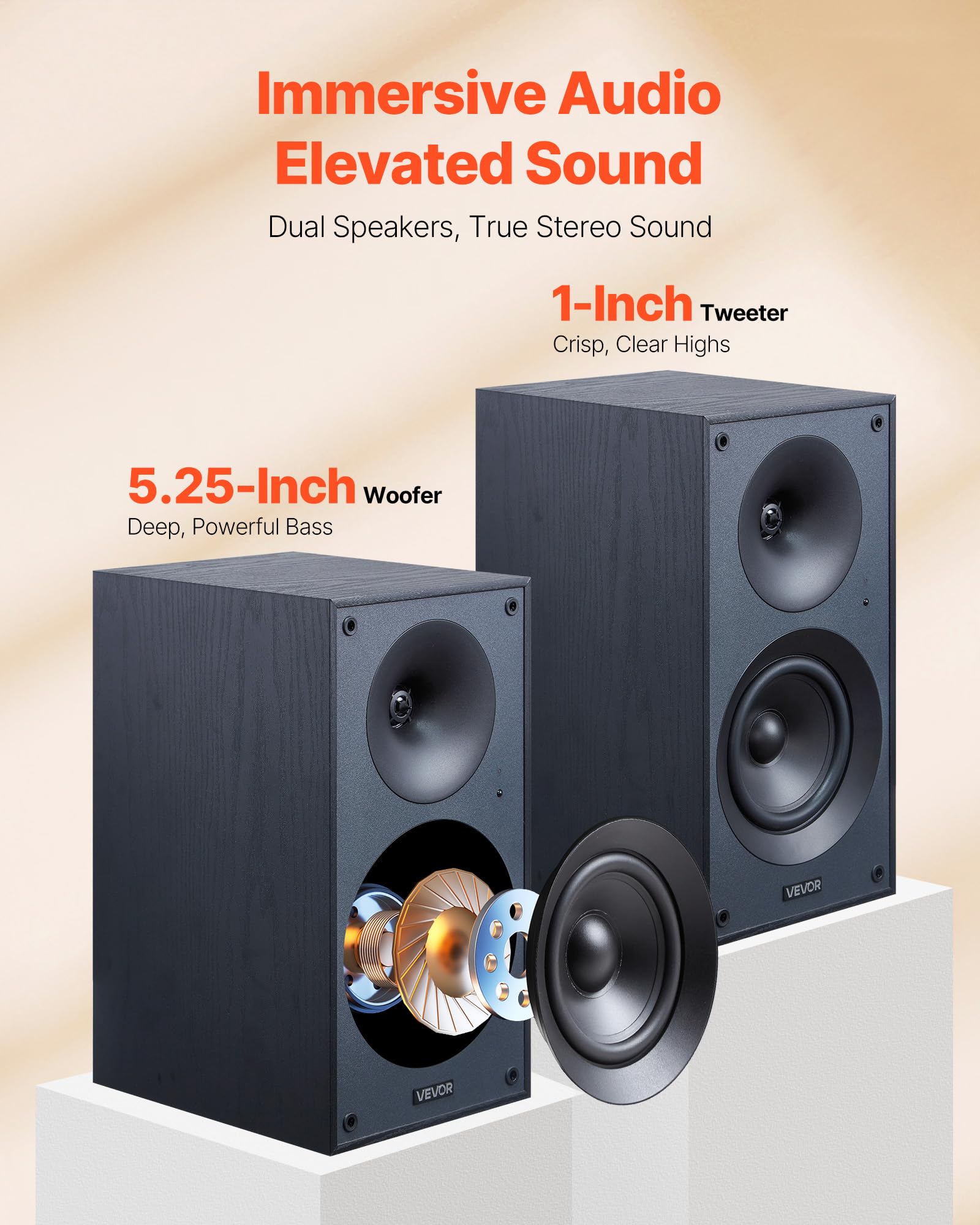 Vevor Powered Bookshelf Speakers, 25W X 2, Active Studio Monitor Speaker With 5.25 Inch Woofer, Bluetooth/Rca/Coaxial/Optical/Us