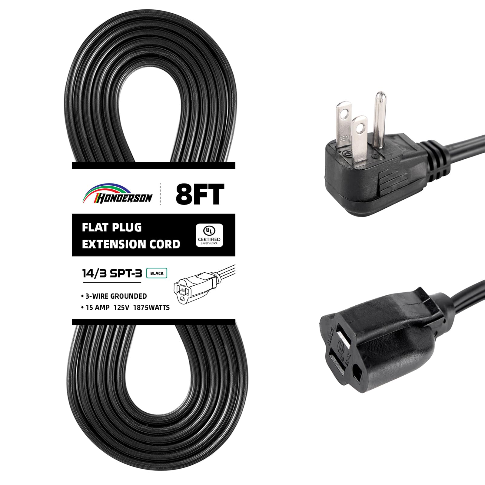Honderson Flat Plug Extension Cord, Ul Listed, Indoor Extension Cord 14 Gauge 8Ft Black, 14/3 Spt 3 15A 3 Prong Grounded Power C