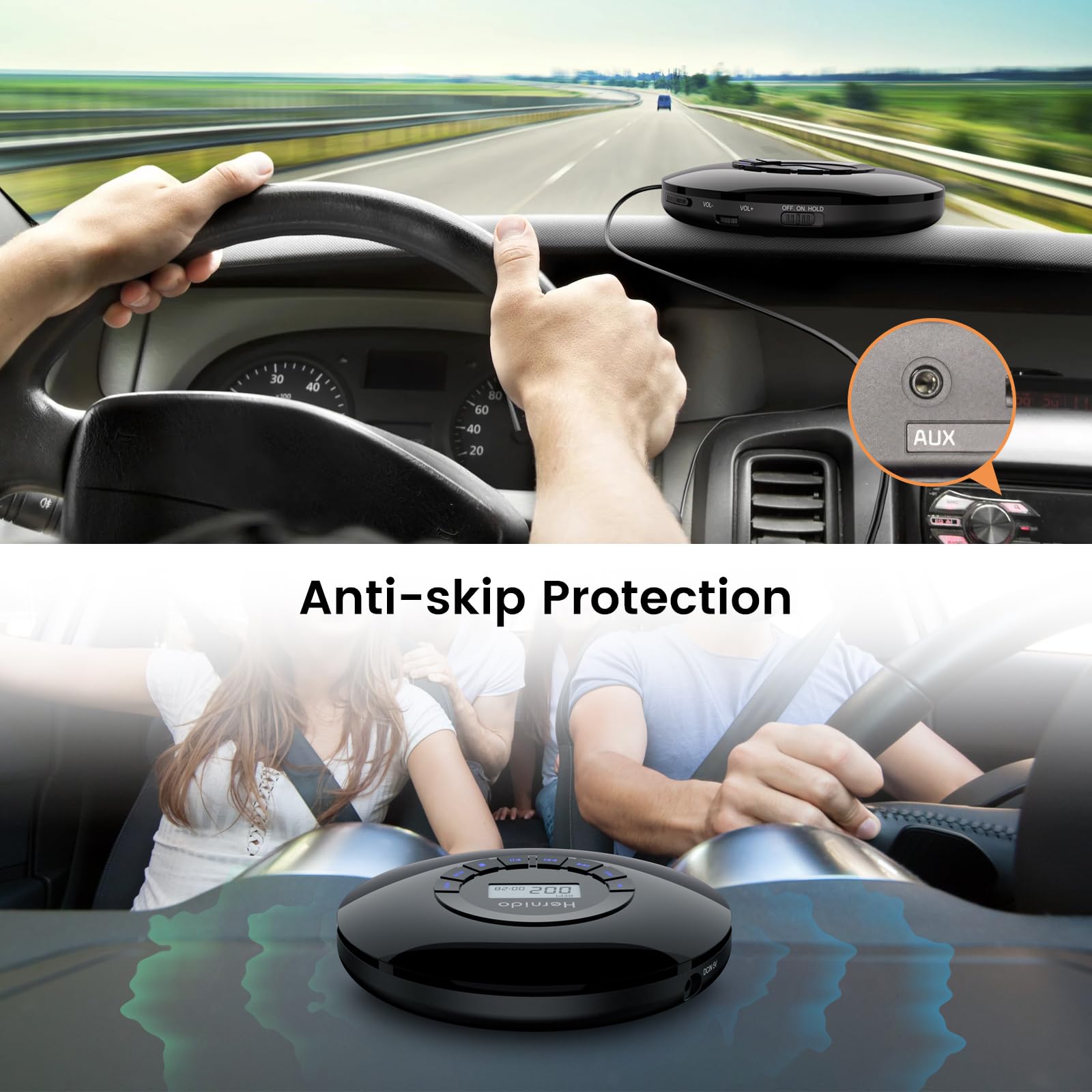 Portable Cd Player With Headphone, Hernido Rechargeable Cd Player For Car, Compact Cd Walkman With 5 Eq Sounds, Aux Output, Anti