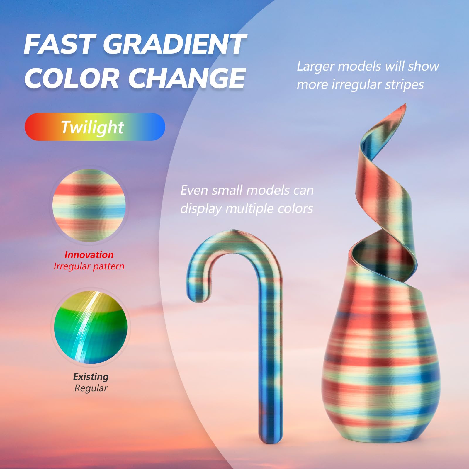 Amolen Silk Pla 3D Printer Filament, Shiny Multicolor Rainbow Twilight Pla Filament 1.75Mm, Fast Color Change Pla 3D Printing Fi