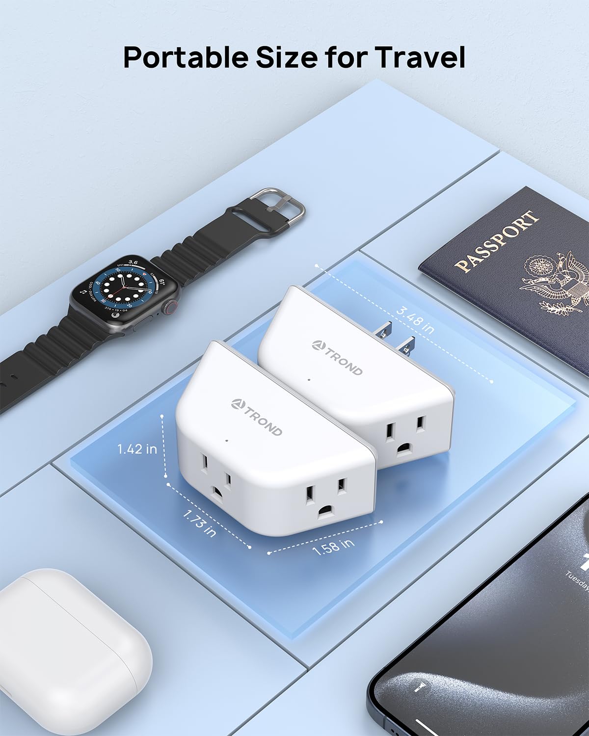 Trond 2 Prong To 3 Prong Outlet Adapter 2 Pack, 3 Way Angled Wall Extender With 3 Ac Sockets, Plug Expander For Non Grounded Out