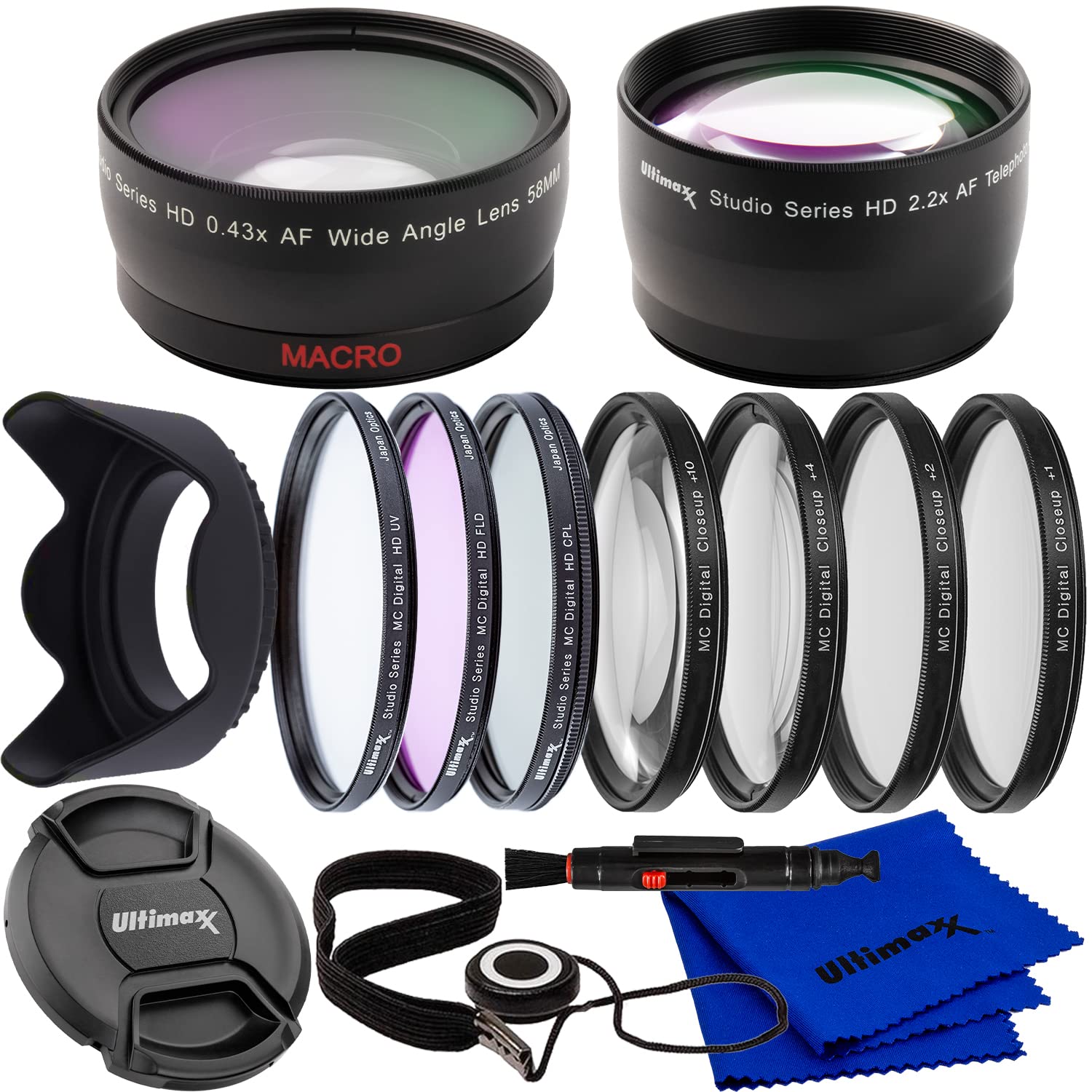 Ultimaxx 55Mm Complete Lens Filter Accessory Kit With 55Mm 2.2X Telephoto, .43X Wide Angle/Macro Lenses, 4Pc Close Up Filter Set & More Designed For All Dslr Cameras