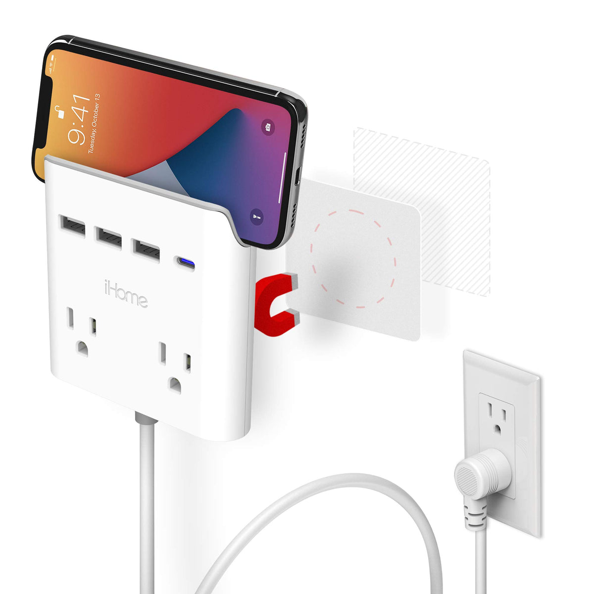 Ihome Power Reach Multiple Plug Outlet Extender With 2 Outlets, 4 Port Usb Wall Charger (1 Usb C, 3X Usb A), 6 Ft Extension Cord