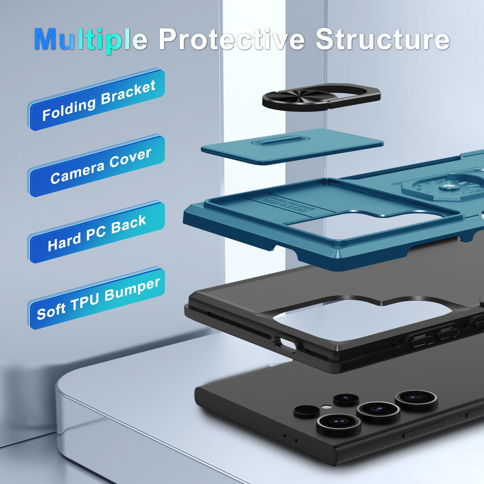 Janmitta Compatible With Samsung Galaxy S24 Ultra Case Built In Slide Camera Lens Cover+Screen Protector+Ring Holder,Heavy Duty