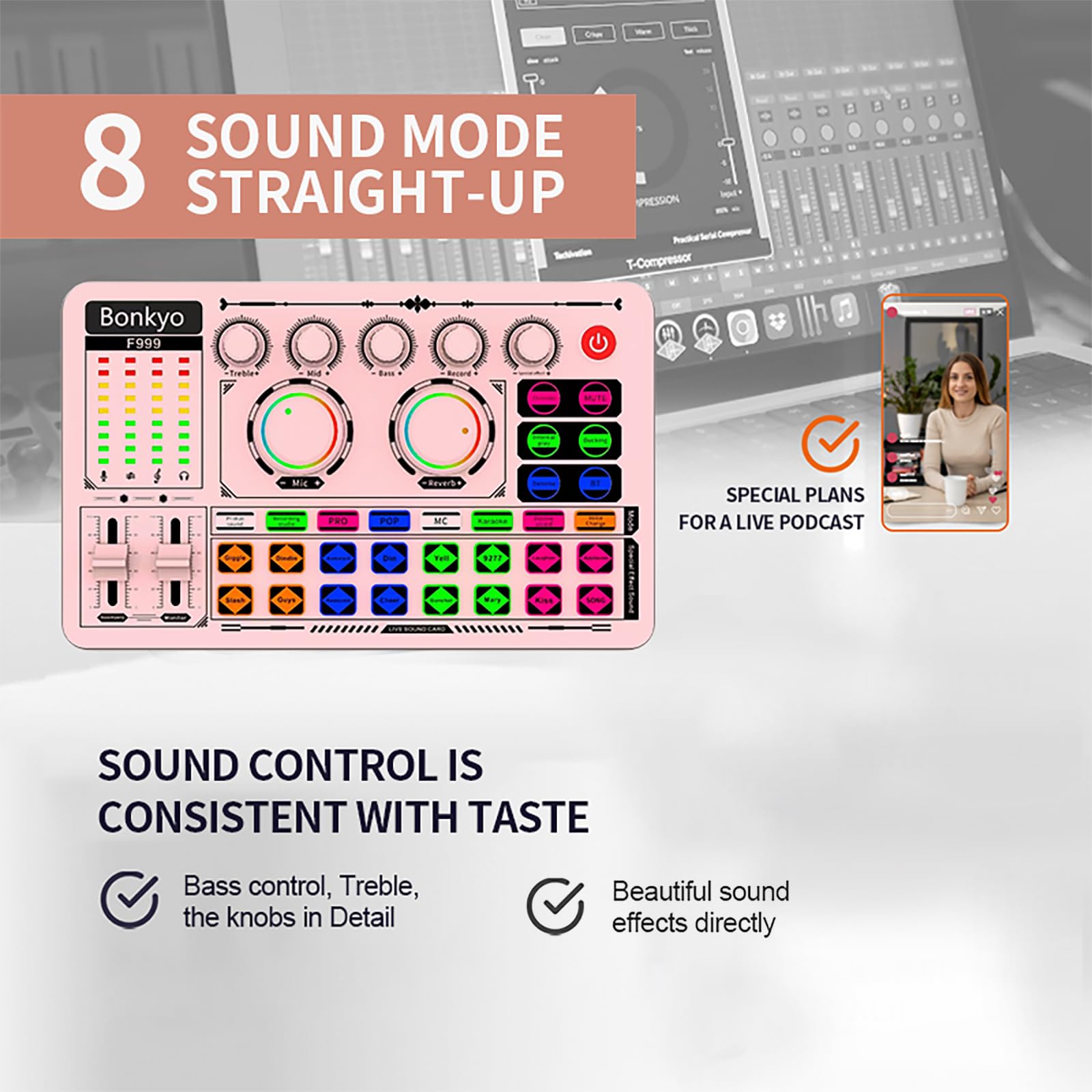 F999 Pink Live Streaming Sound Card, Professional Audio Mixer, Voice Changer Soundboard With Audio Interface, Bluetooth, Noise R