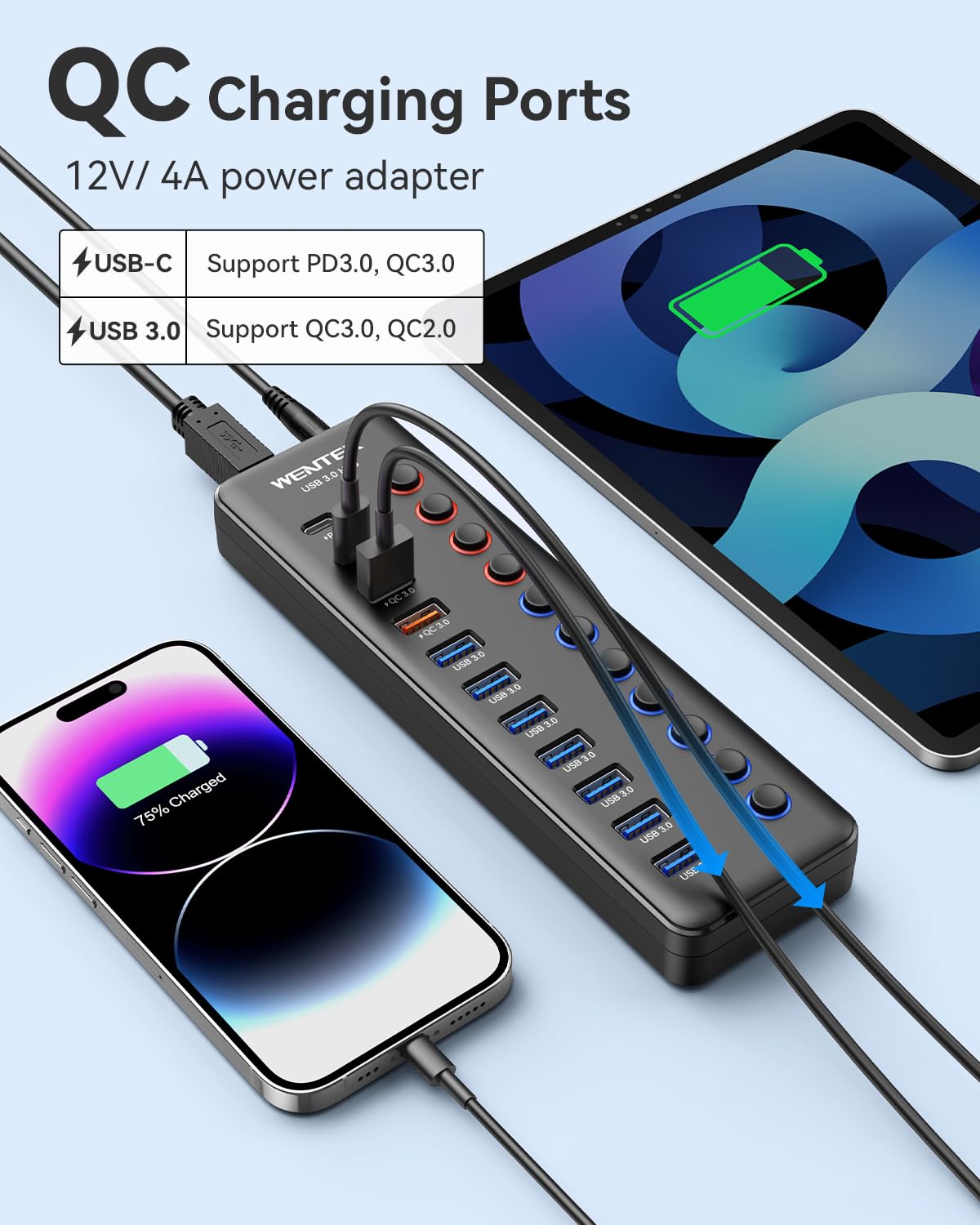 Powered Usb 3.0 Hub, Wenter 48W 11 Port Usb Hub Splitter (7 Faster Data Transfer Ports+ 4Pcs Qc Charging Ports) With Individual Led On/Off Switches, Usb Hub 3.0 Powered With Power Adapter