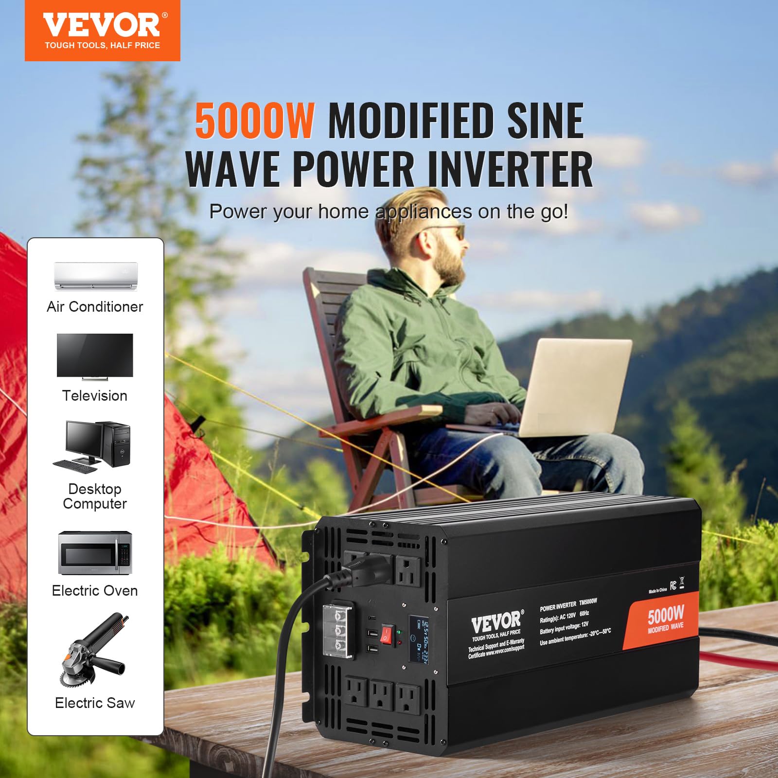 Vevor Modified Sine Wave Inverter, 5000W, Dc 12V To Ac 120V Power Inverter With 6 Ac Outlets 2 Usb Port 1 Type-C Port, Lcd Displ