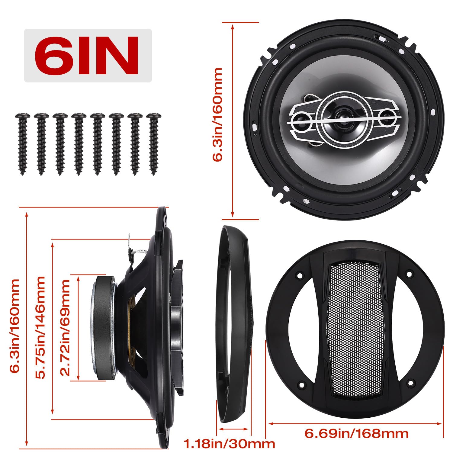 Suacopzar 6'' 4 Way Dome Tweeters Coaxial Car Speakers, 350 Watts Car Audio Speakers With Pei Dome Tweeters, 4 Ohm Vehicle Coaxi