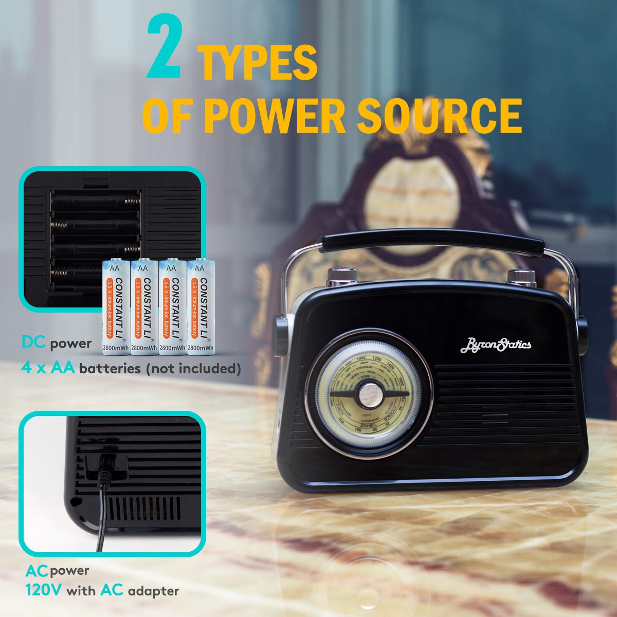 Byronstatics Black Am Fm Radio   Small Portable Radios Vintage/Retro With Headphone Jack, Large Analog Rotary Tuning Dial   Power Plug Or 4 X 1.5V Aa Battery