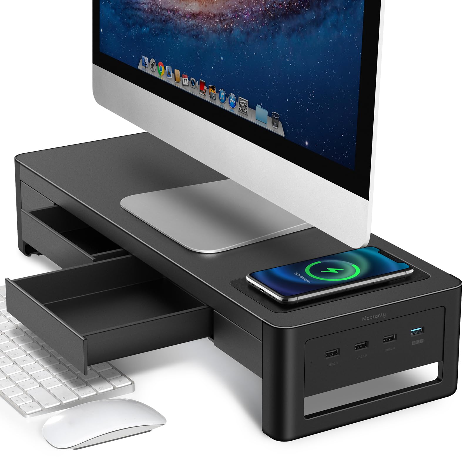 Meatanty 3 In 1 Monitor Stand Riser With 2 Drawers,1 Wireless Charging Module And 4 Usb Ports,Metal Computer Stand Support Trans