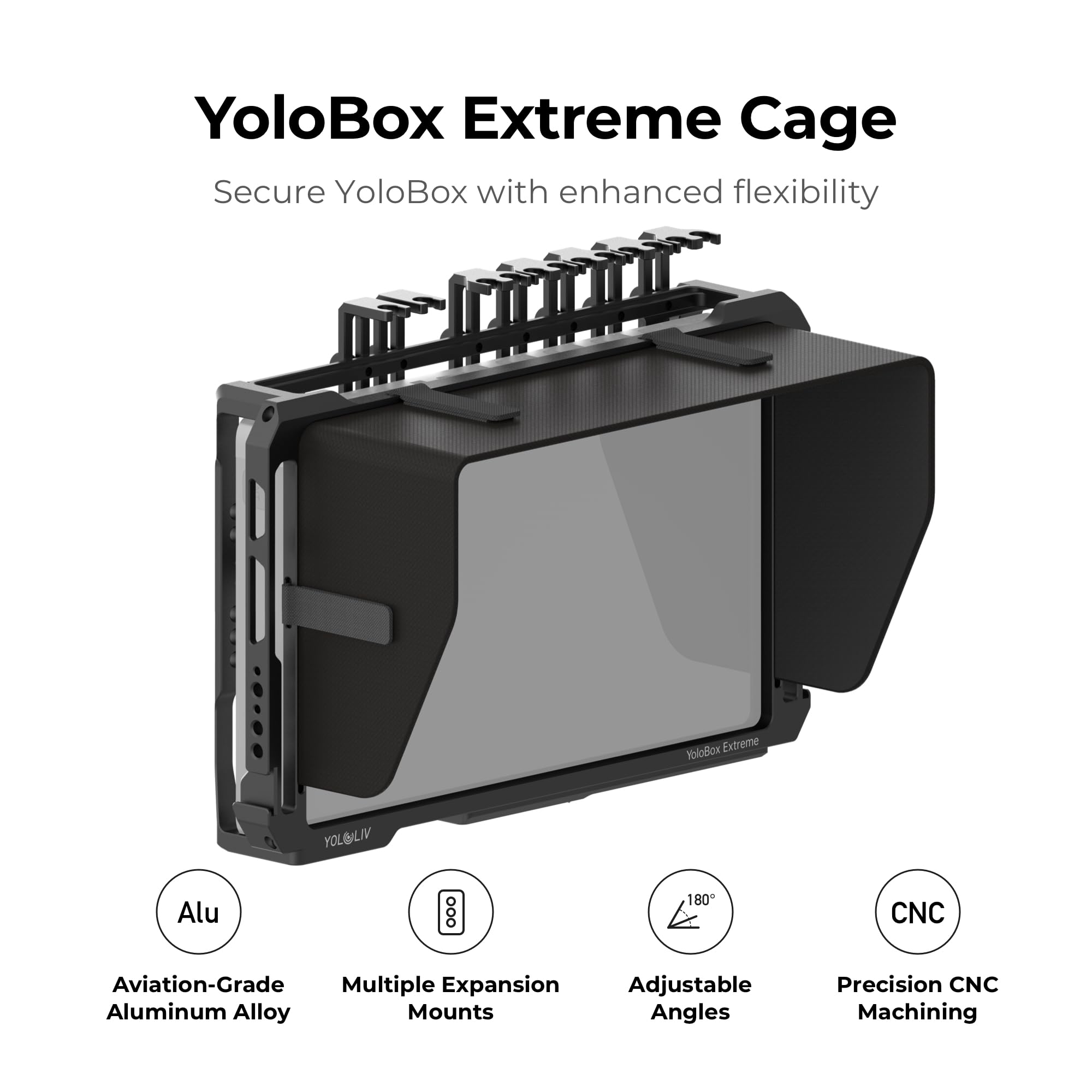 Yololiv Yolobox Extreme Cage - Aluminum Protective Cage With Cold Shoe Mounts, 1/4 Threads, Quick-Release Sun Hood