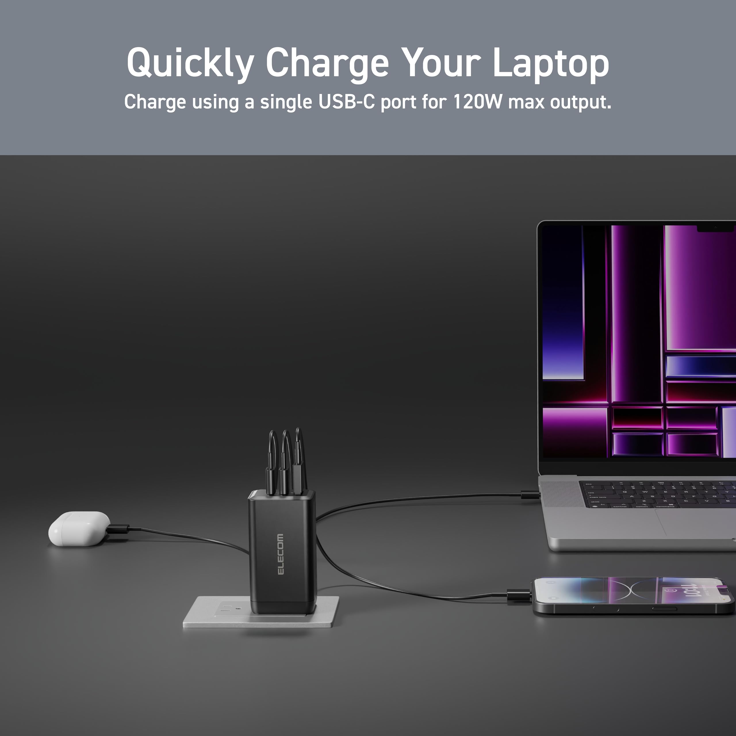 Elecom 120W Usb C Wall Charger Block, 3 Multi Port Gan Ii Smart Pd, Ultra-Fast Charging, Compact Power Adapter For Multiple Devi