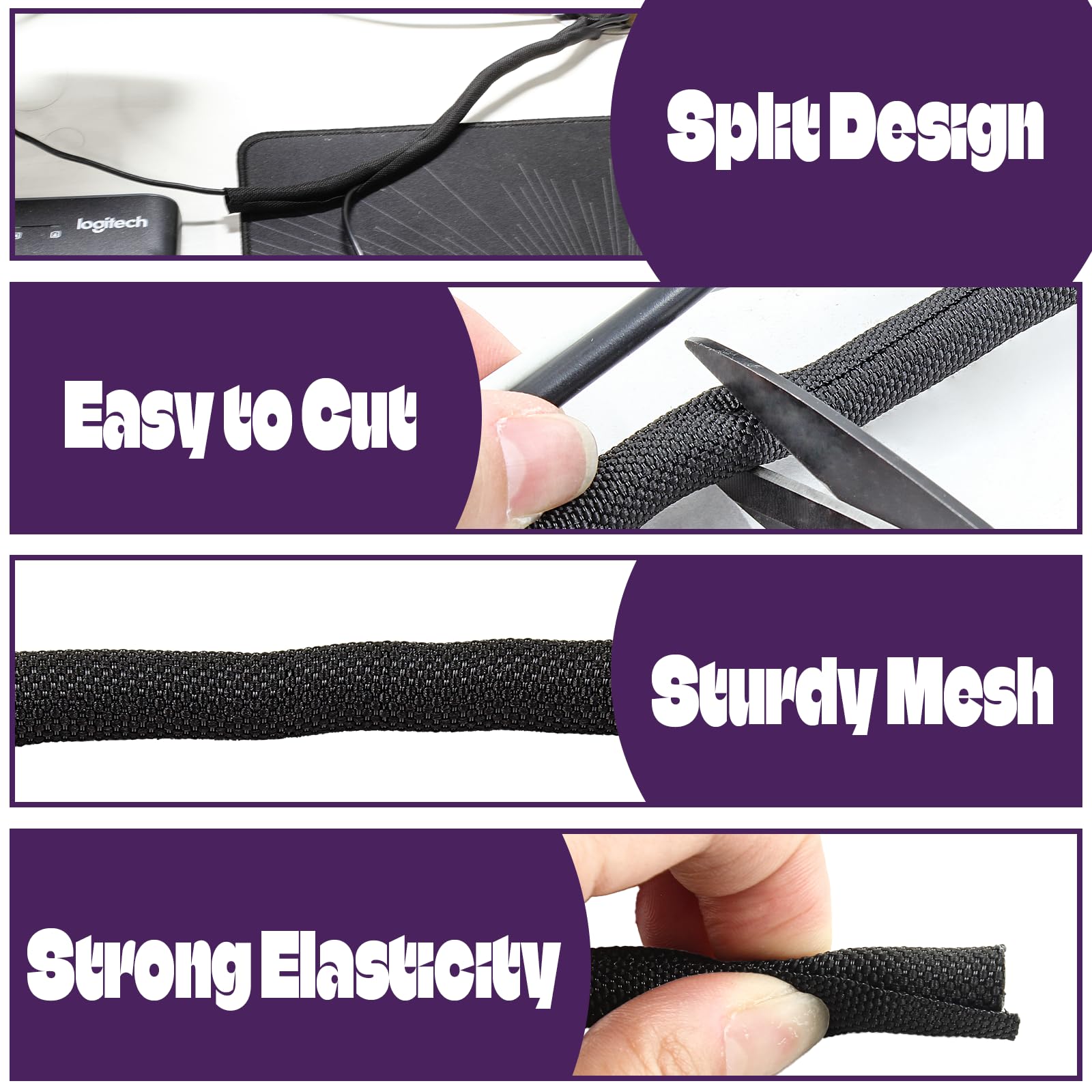 Qjaiune 10Ft   1/4 Inch Black Cable Sleeves Cord Management, Split Sleeving Wire Protector Desk Cord Organizer, Self Wrapping Wi