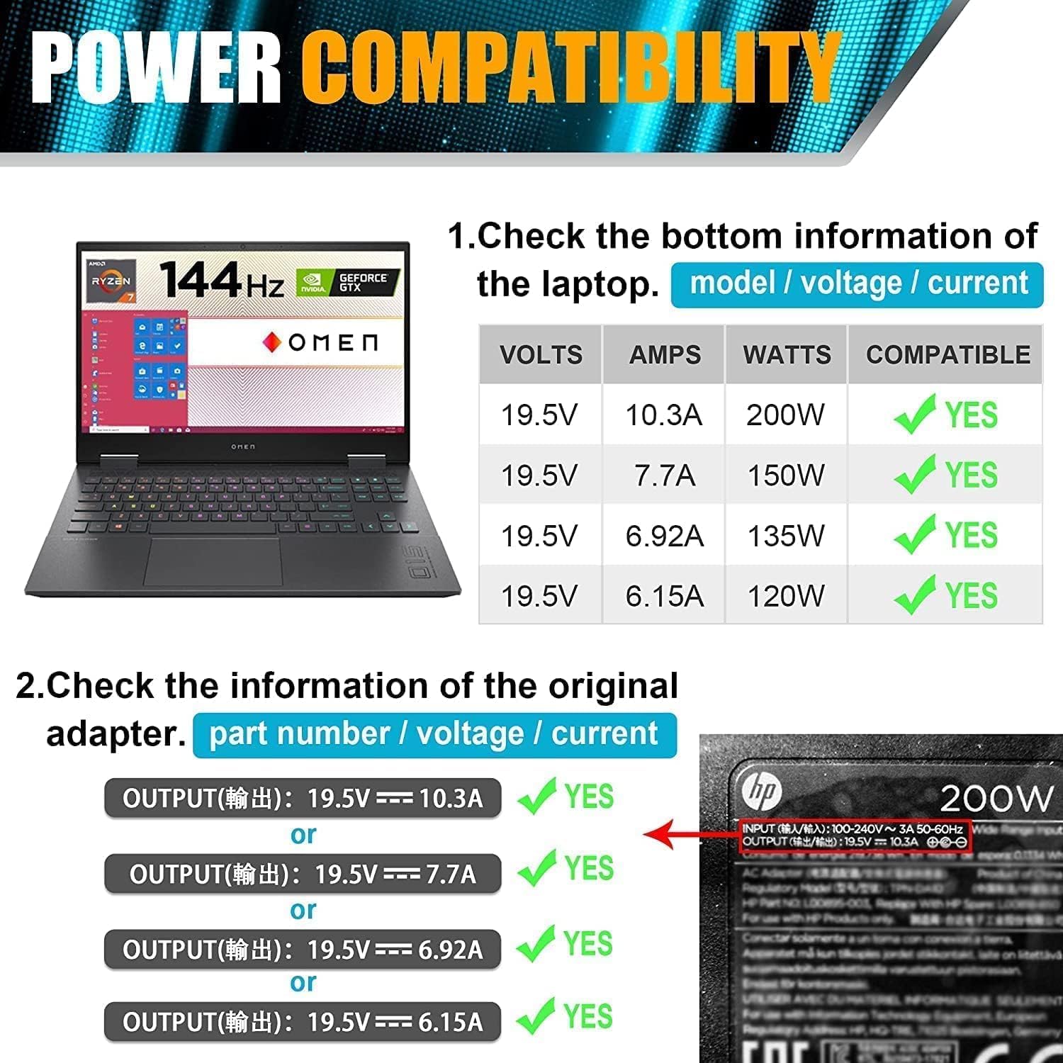 200W Ac Adapter Laptop Charger Compatible With Hp Omen Pavilion Gaming 15 17 Envy 15 2020 Tpn Da10 L00818 850 Tpn La21 L73385 00