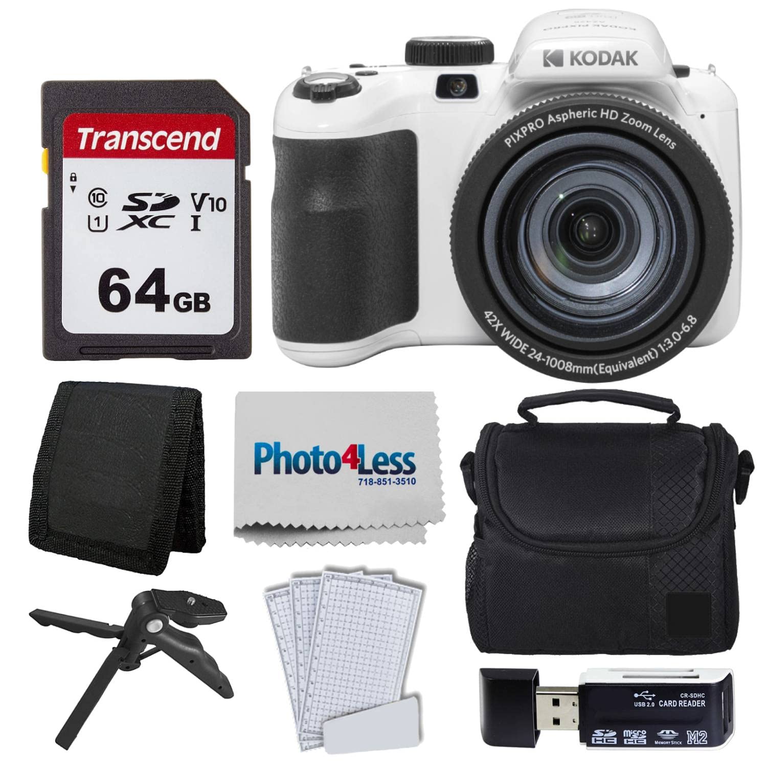 Kodak Pixpro Az425 Digital Camera + 64Gb Memory Card + Camera Case (Black) + Usb Card Reader + Table Tripod + Accessories (White