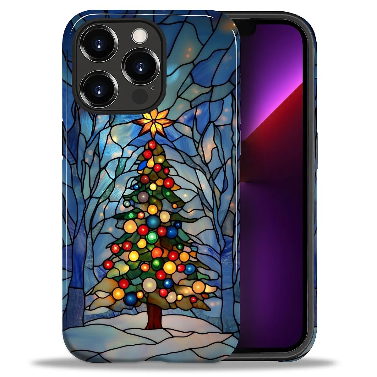 SKAMIX Case for iPhone 13 Pro,Drop Protection Hybrid 2-Layer Hard Phone Cover-Stained Glass Winter Christmas Tree