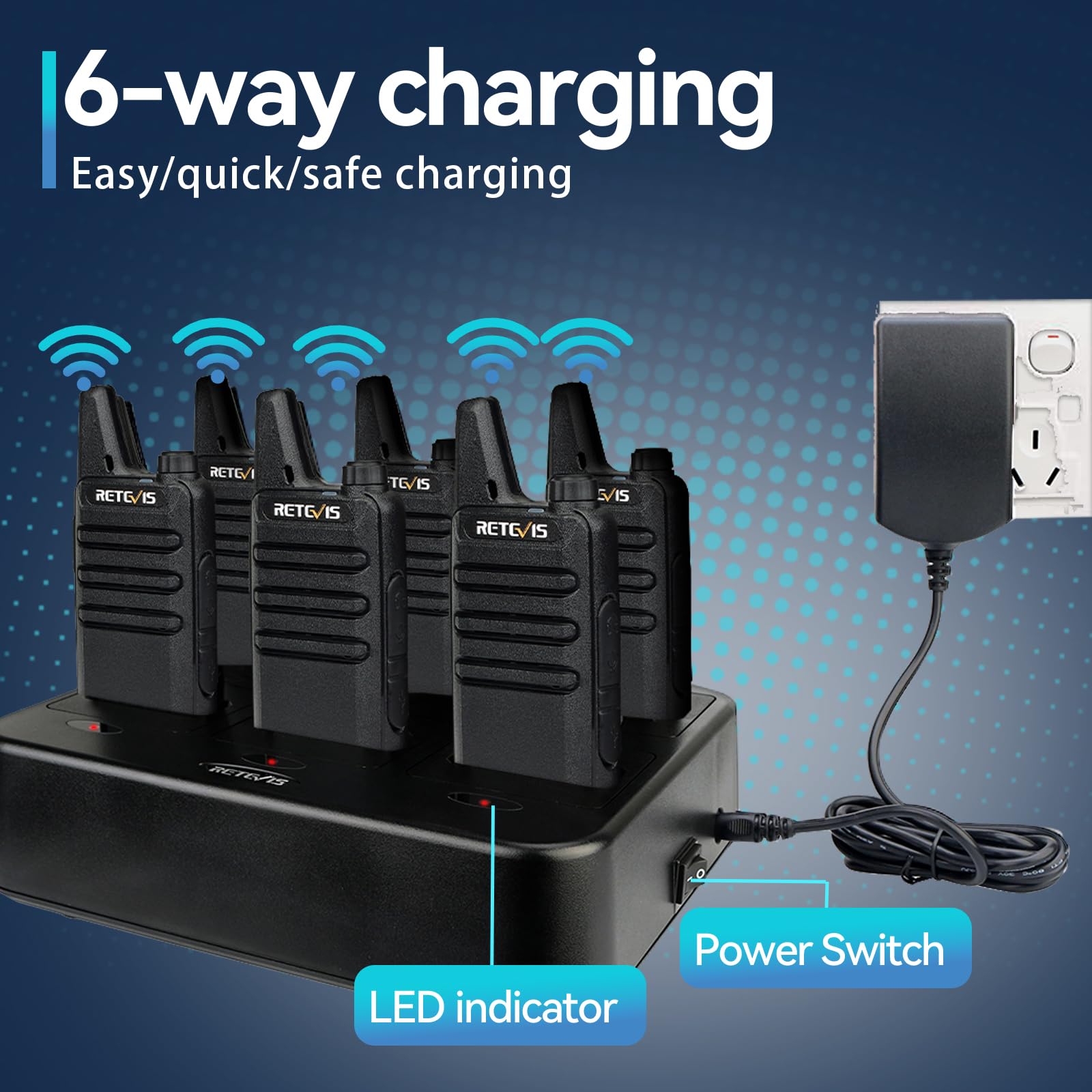 Retevis Rt22 Walkie Talkies Rechargeable Hands Free 2 Way Radios Two Way Radio(6 Pack) With 6 Way Multi Gang Charger