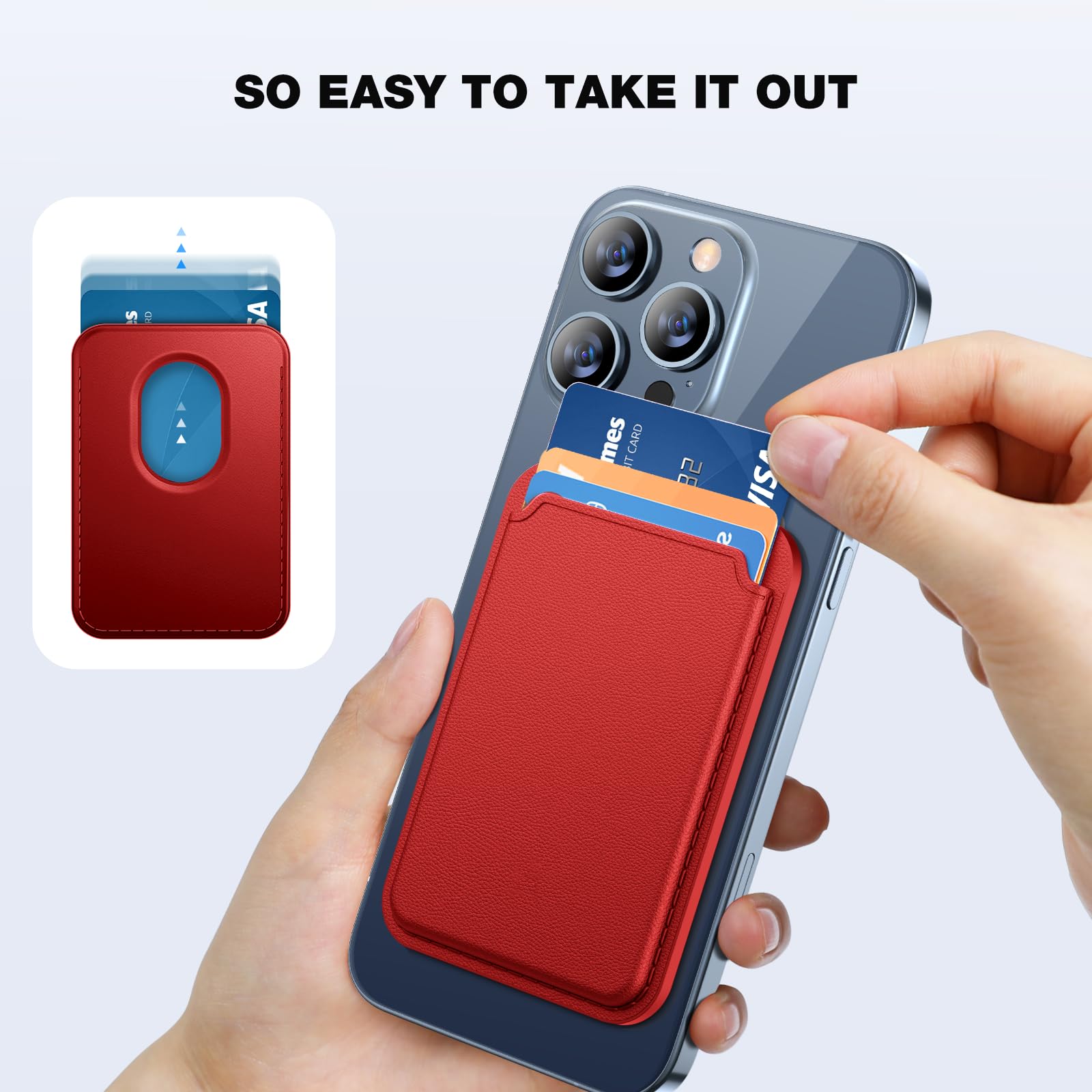 Miracase Magnetic Wallet, Compatible With Magsafe Wallet, 3 Card Holder, For Iphone 15/14/13/12 Series,Red