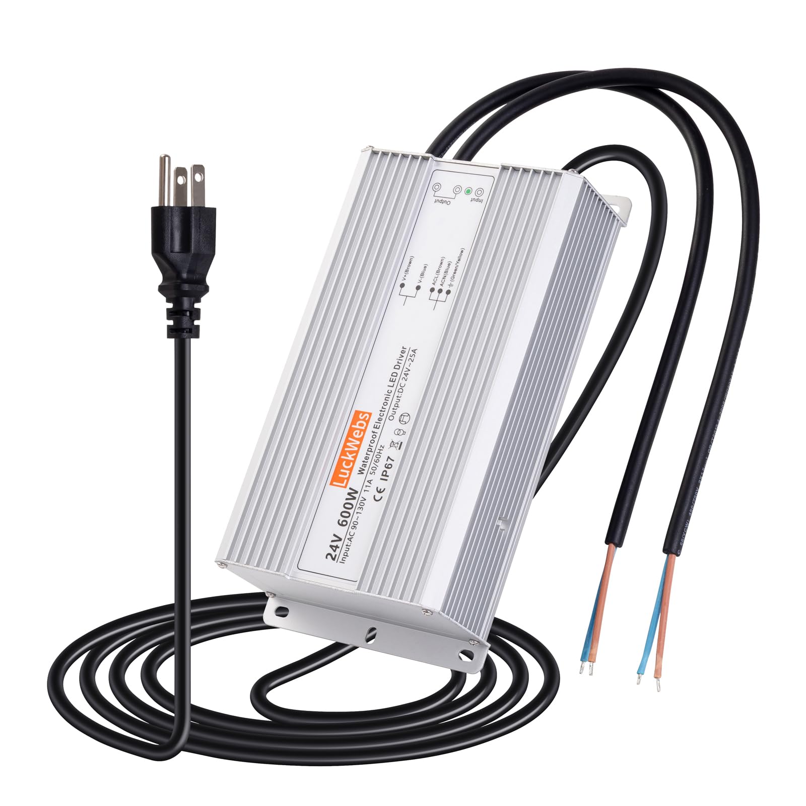 LuckWebs LED Driver 24V 600W Waterproof Power Supply AC 90-130V to DC 24V25A Low-Voltage IP67 Switching Power Supply Landscaping