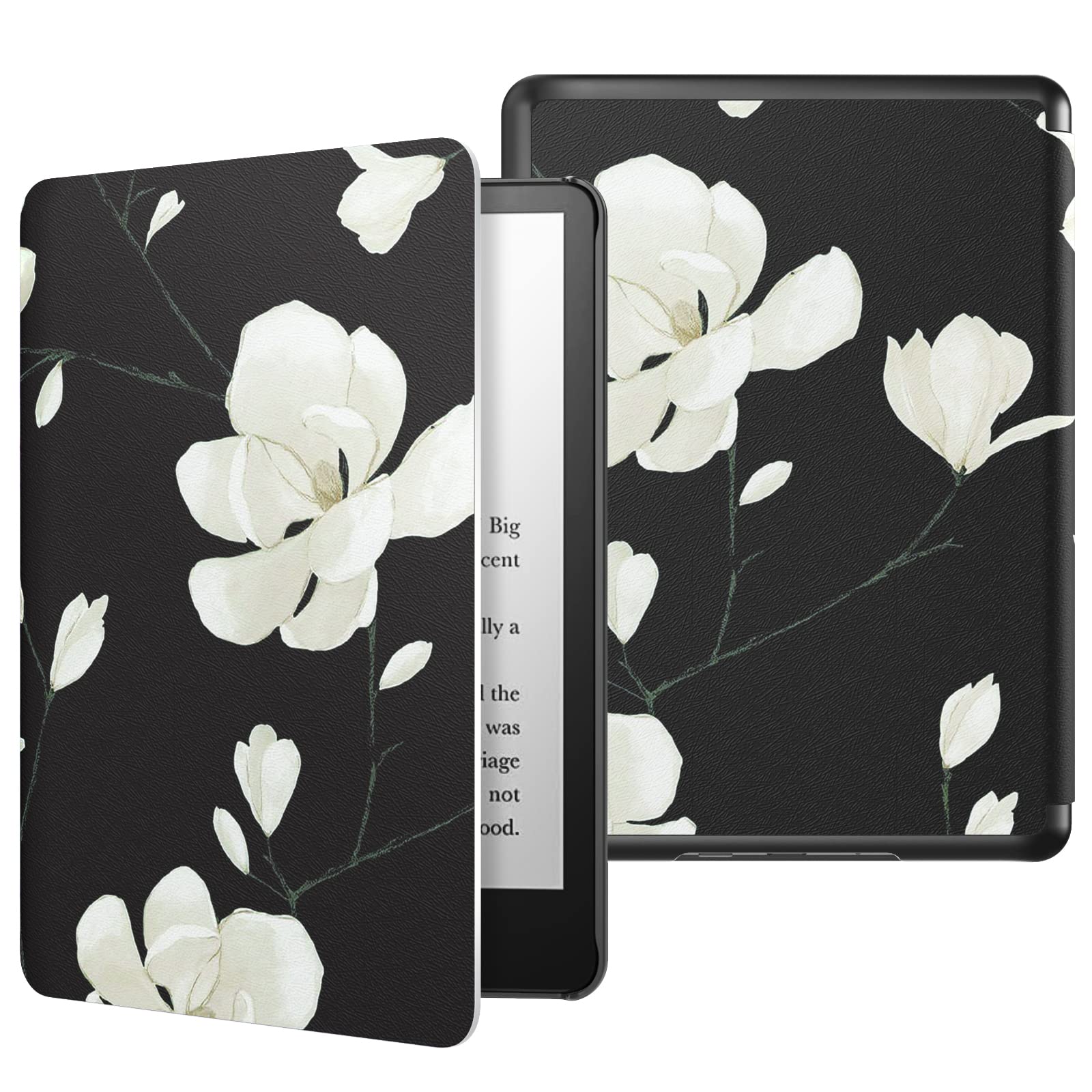 MoKo Case for 6.8' Kindle Paperwhite (11th Generation 2021) and Kindle Paperwhite Signature Edition, Light Shell Cover with Auto Wake/Sleep for Kindle Paperwhite 2021 E Reader, Black & White Magnolia