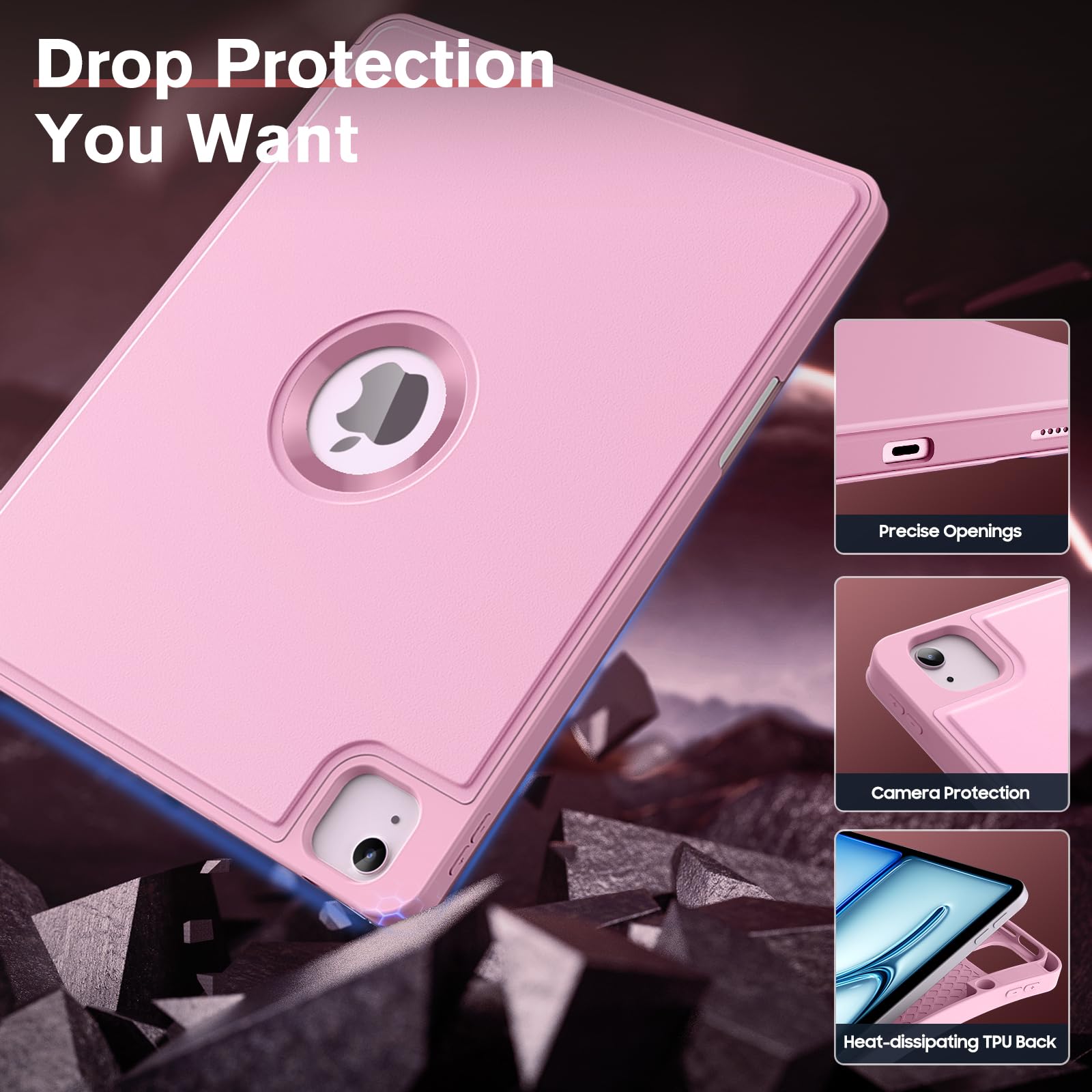 MoKo for iPad Air 13 Inch Case M2 2024/ iPad Pro 12.9 Case (6th/5th Gen 2022/2021) with Pencil Holder, Smart Protective Cover for iPad Air 13 inch with Back Trifold Stand, Auto Wake/Sleep, Light Pink