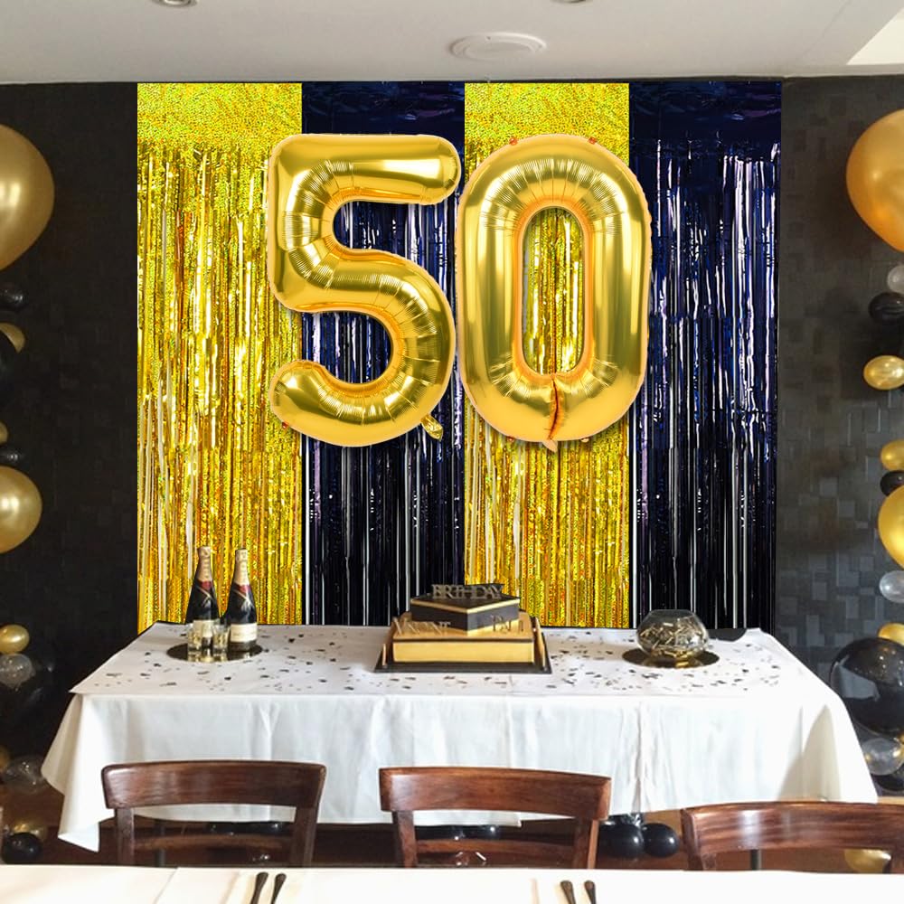 Beishida 4 Pcs Black And Gold Party Streamers Fringe Foil Curtain Backdrop Tinsel Background Party Decoration For Door Wall Grad