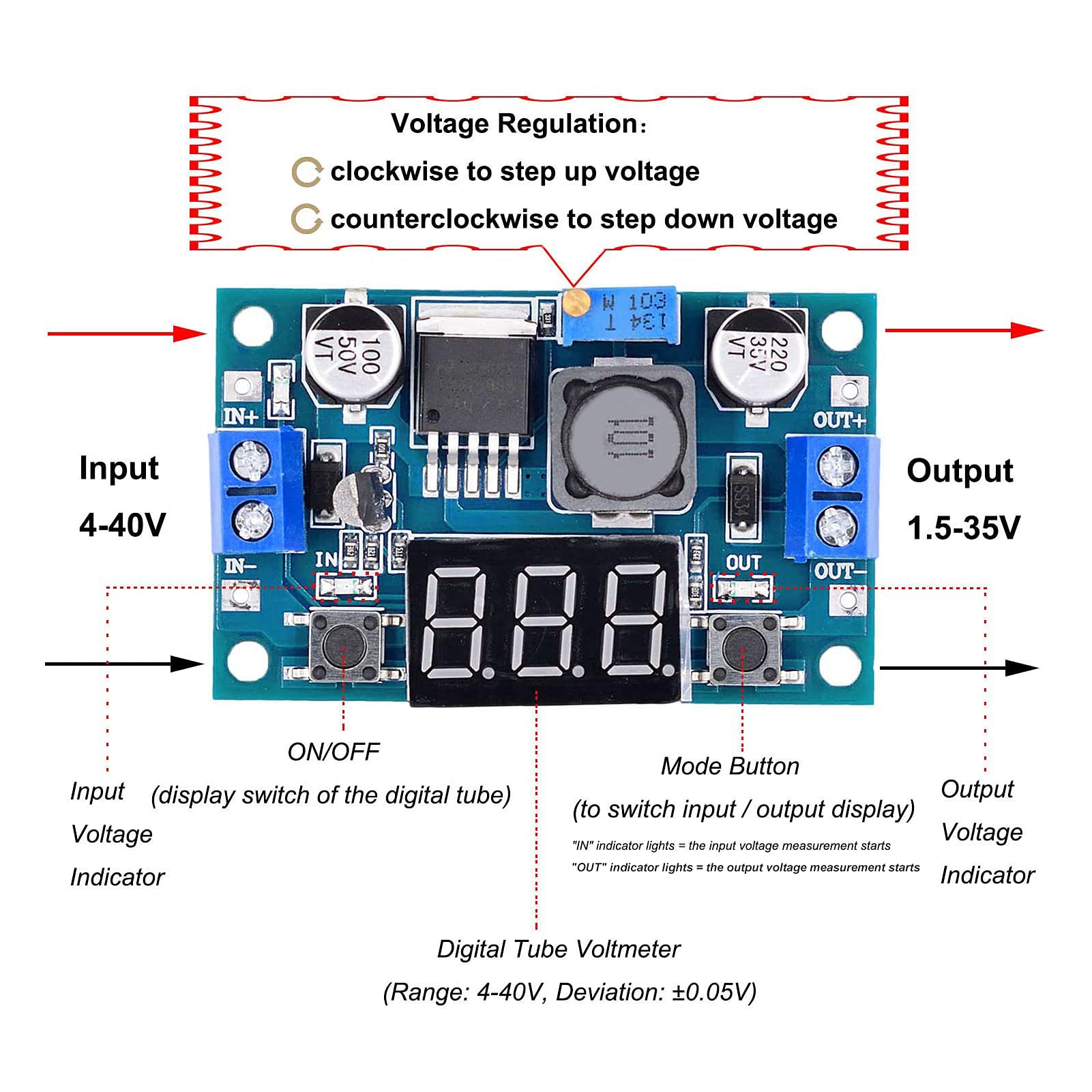 Valefod 3 Pack Lm2596 Dc To Dc Voltage Regulator 4 40V To 1.5 35V Buck Converter With Led Display