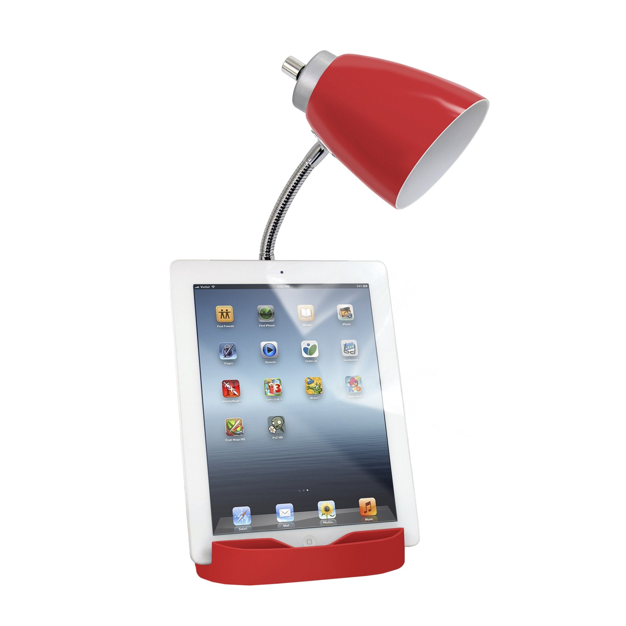 Limelights Ld1057 Red Gooseneck Organizer Desk Lamp With Ipad Tablet Stand Book Holder And Charging Outlet, Red 6.5 X 7 X 18.5