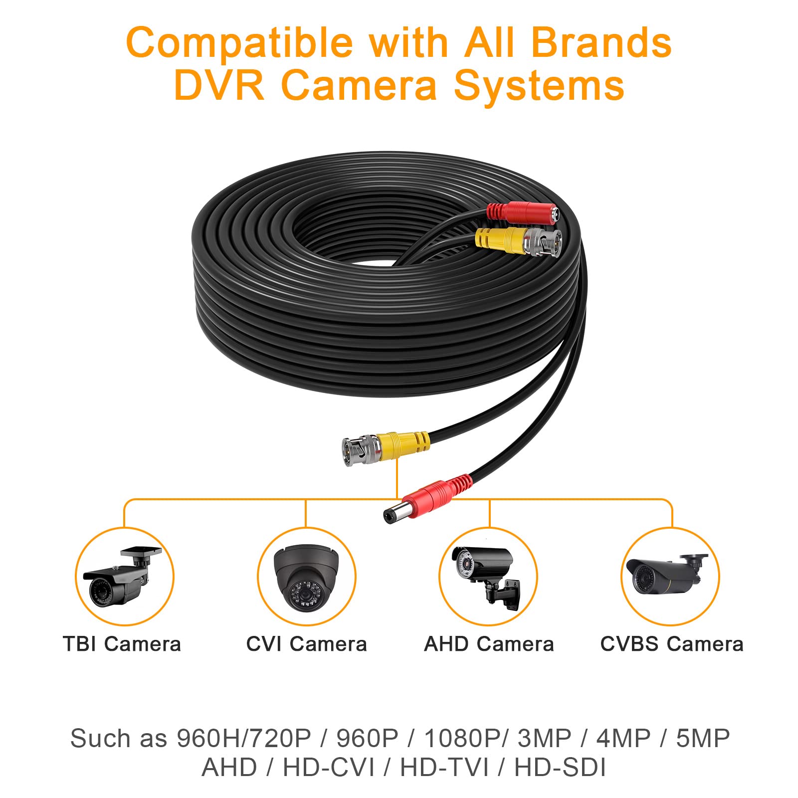 Wildhd Bnc Cable 150Ft All In One Siamese Bnc Video And Power Security Camera Wire Cable, Cctv Cable With 2 Female Connectors Fo