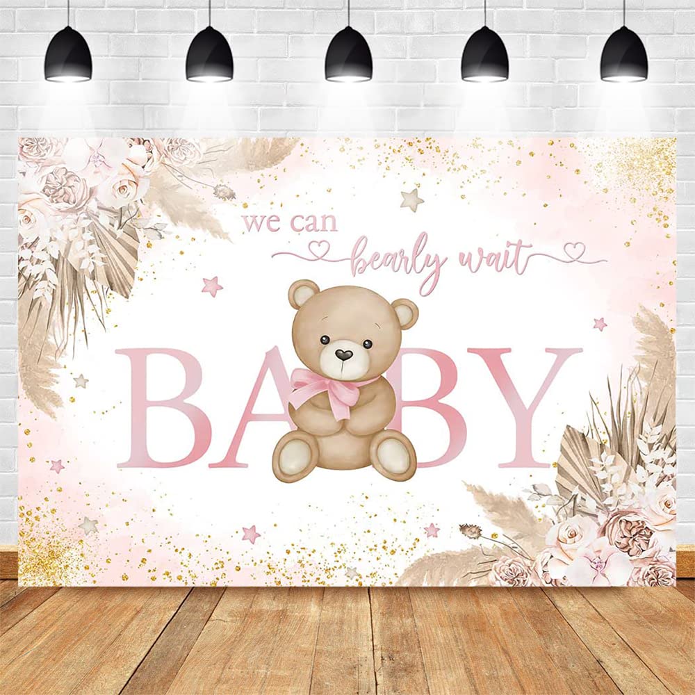 Mocsicka Girl Bear Backdrop Pink Boho Pampas Grass Background We Can Bearly Wait Baby Shower Party Cake Table Decoration Photo B