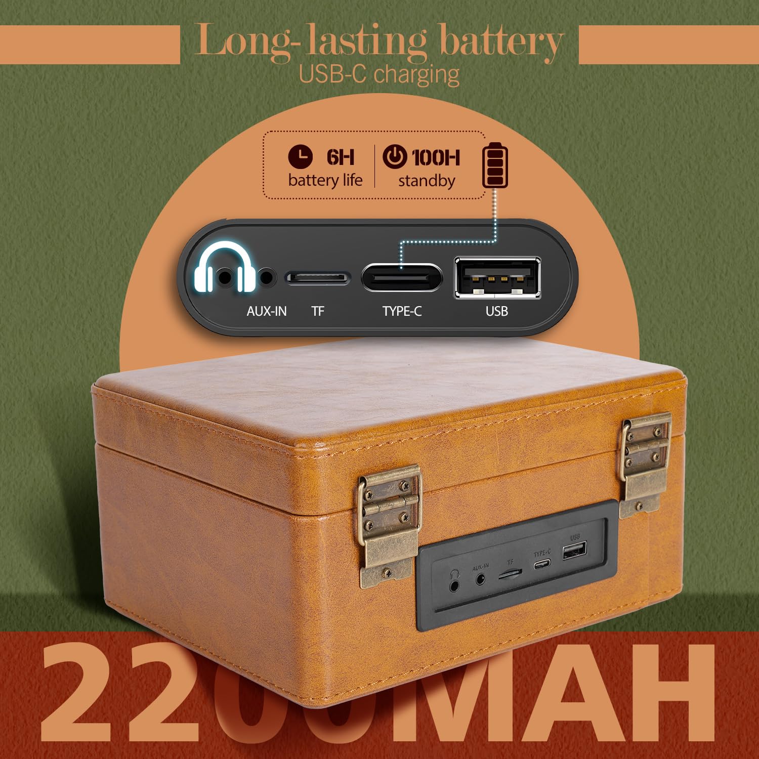 RetroBeat Retro Music Box - Portable CD Player with Bluetooth, Rechargeable, USB/AUX, Brown