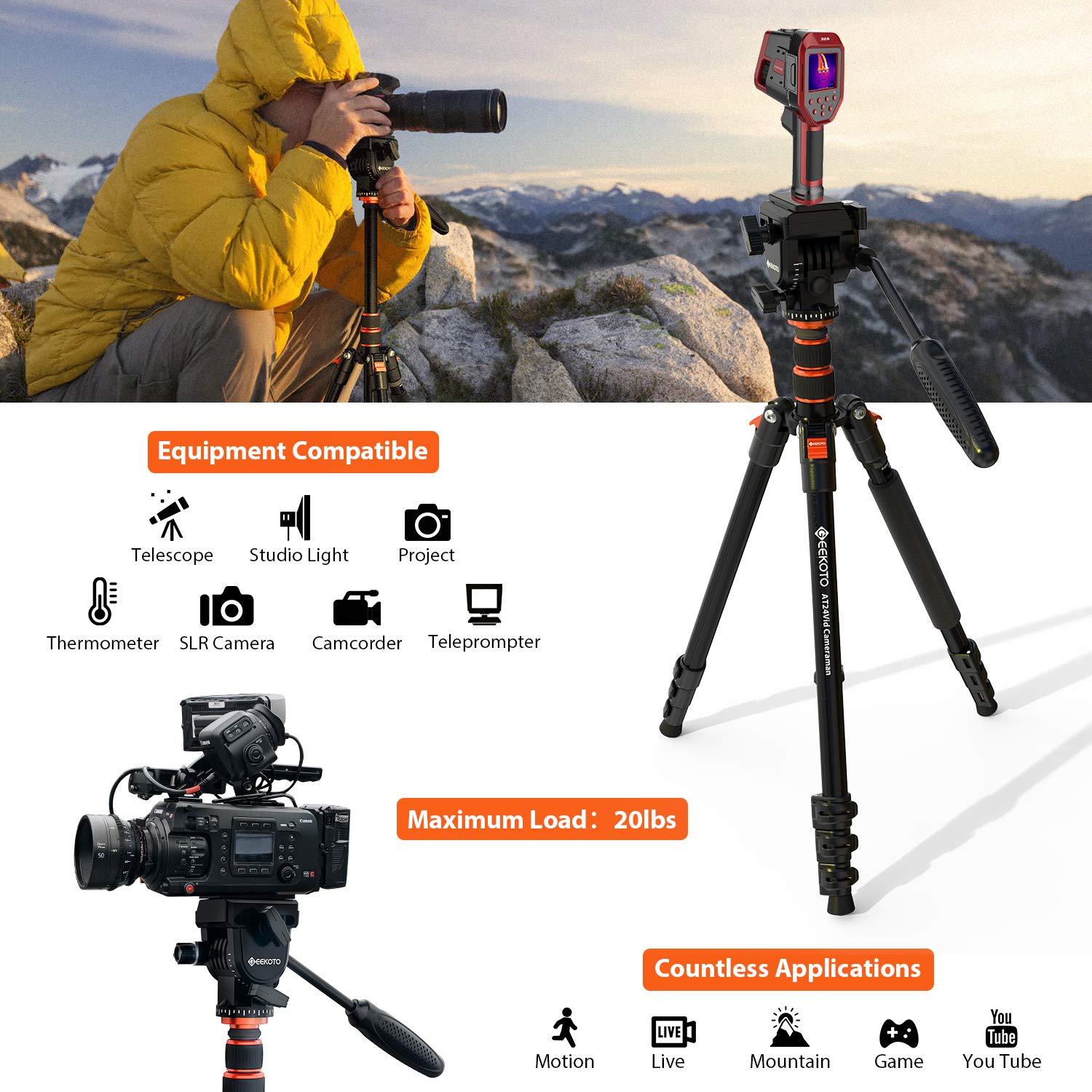 Geekoto Video Tripod Fluid Head,Professional Camera Tripod For Dslr,Monopod Aluminum 77' For Video Camcorder Canon Nikon Sony With 1/4' Screws Fluid Drag Pan Head,Load Capacity Up To 20 Pounds