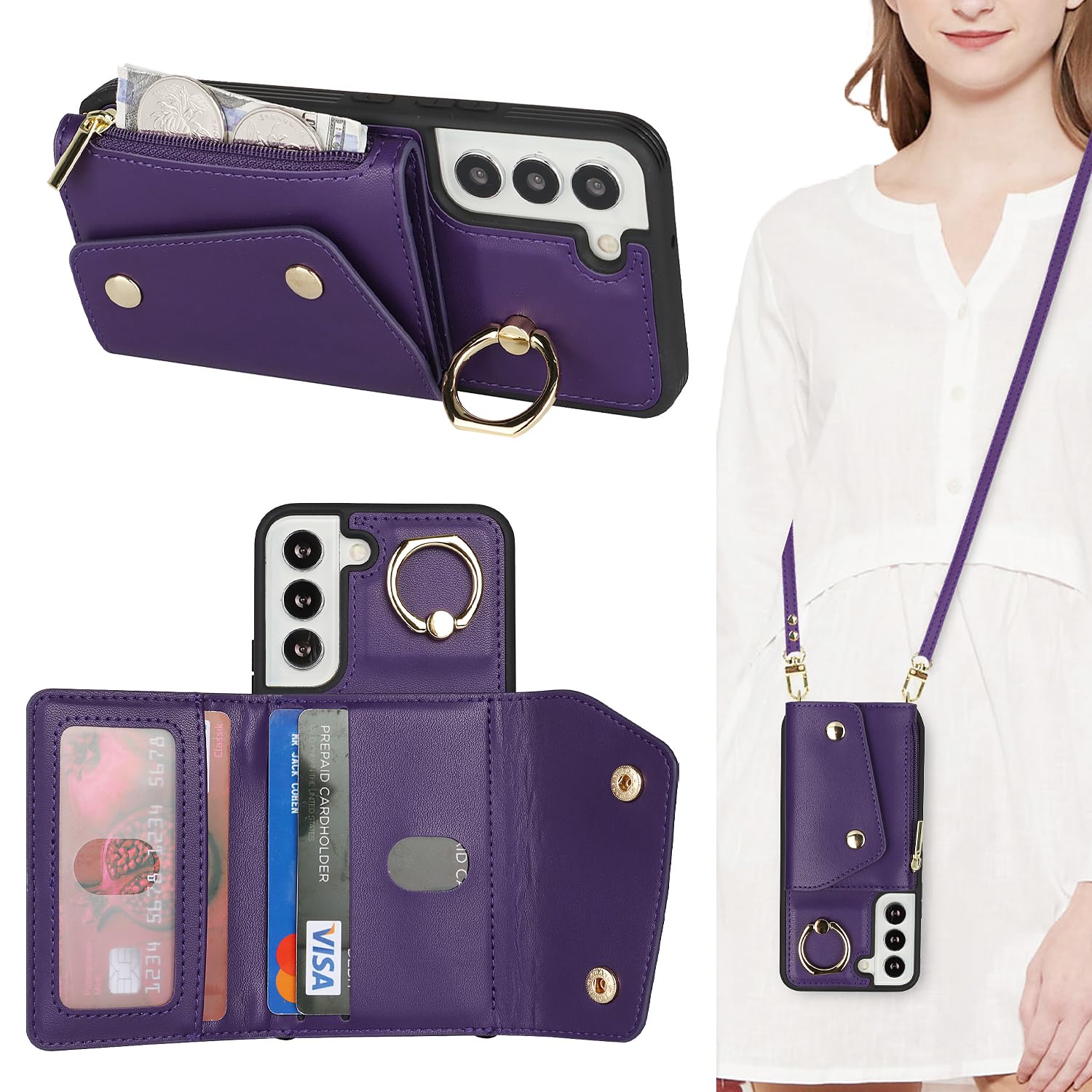 Lipvina for Samsung Galaxy S22 Case with Card Holder and Strap - Zipper Pocket,Crossbody Lanyard Strap,Credit Card Holder,Stand 