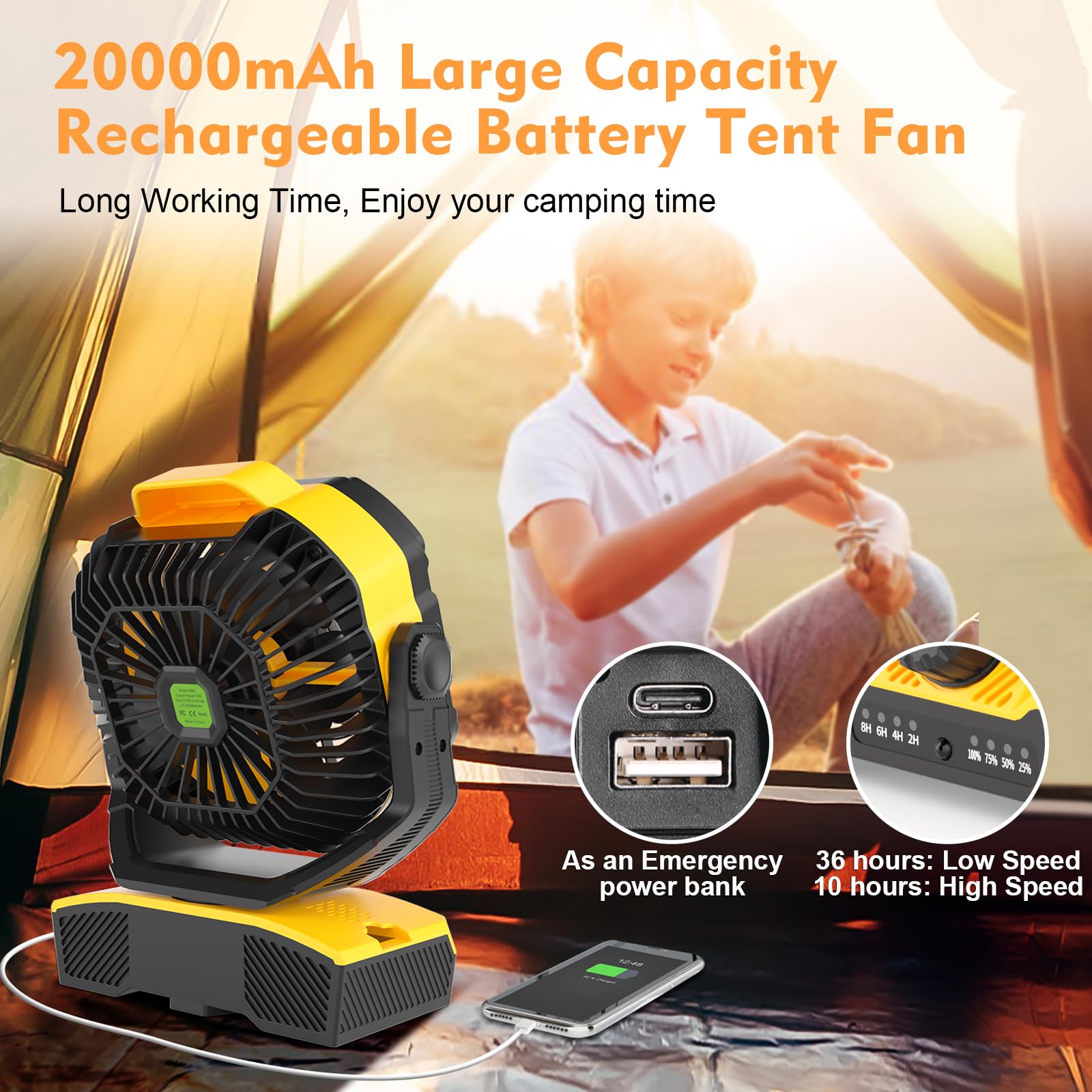 Runtop 20000Mah Oscillation Camping Fan, Remote Control Rechargeable Battery Operated Outdoor Tent Fan W/Hanging Hook, Portable