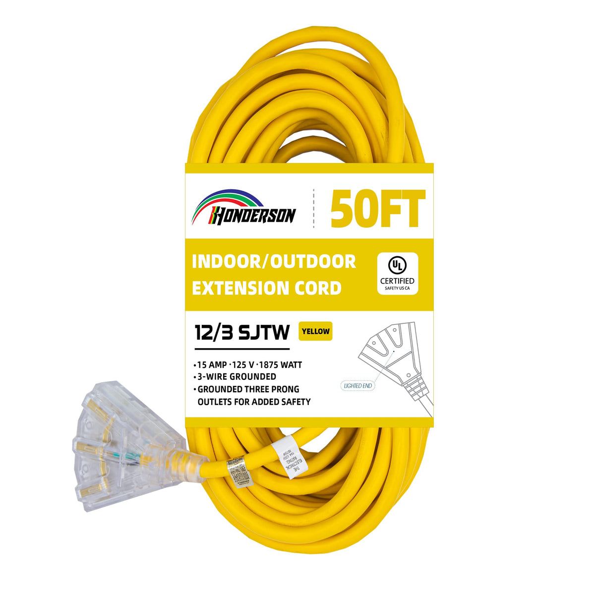 Honderson 50 Ft Lighted Outdoor Extension Cord With 3 Power Outlets,12/3 Sjtw Heavy Duty Yellow Extension Cable With 3 Prong Gro