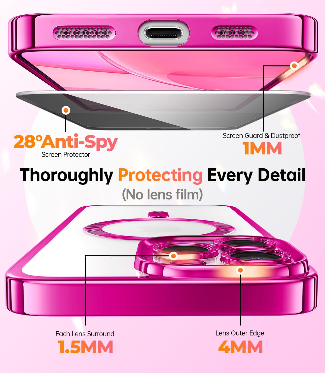 Meifigno For Iphone 16 Pro Max Case With 2X Privacy Screen Protectors, [Glitter Card & Wrist Strap][Compatible With Magsafe] Sur