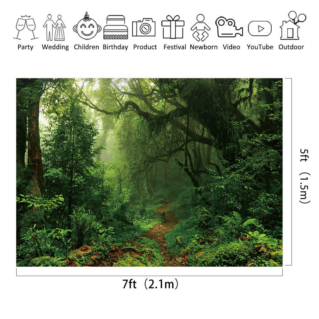 Riyidecor Jungle Rainforest Backdrop Fabric Polyester Spring Enchanted Nature Trees Green Dreamland Dirt Road Photography Background 7Wx5H Feet Decoration Props Party Photo Shoot Backdrop