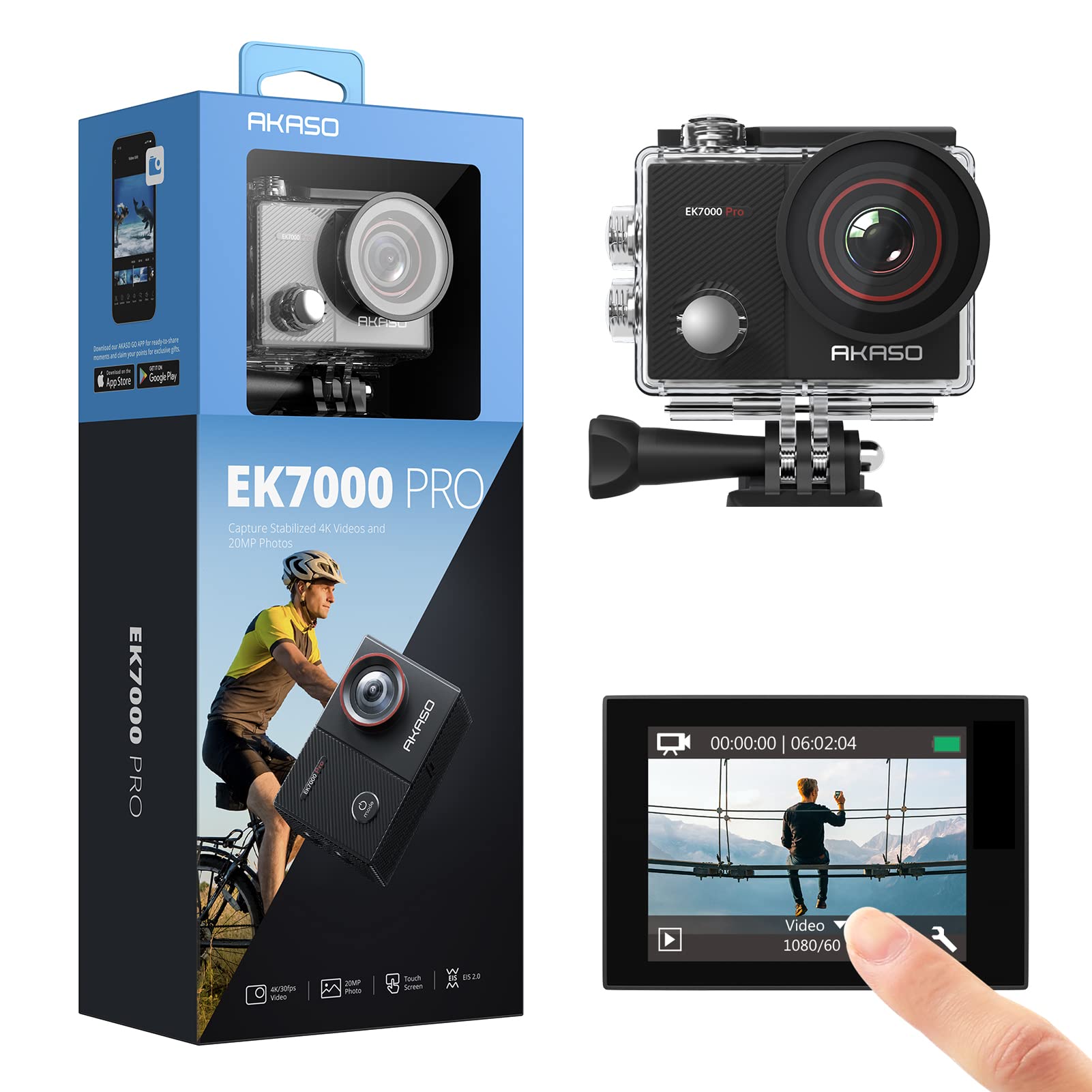 AKASO EK7000 Pro 4K Action Camera with Touch Screen EIS 131ft Waterproof Camera Remote Control Underwater Camera with Helmet Acc