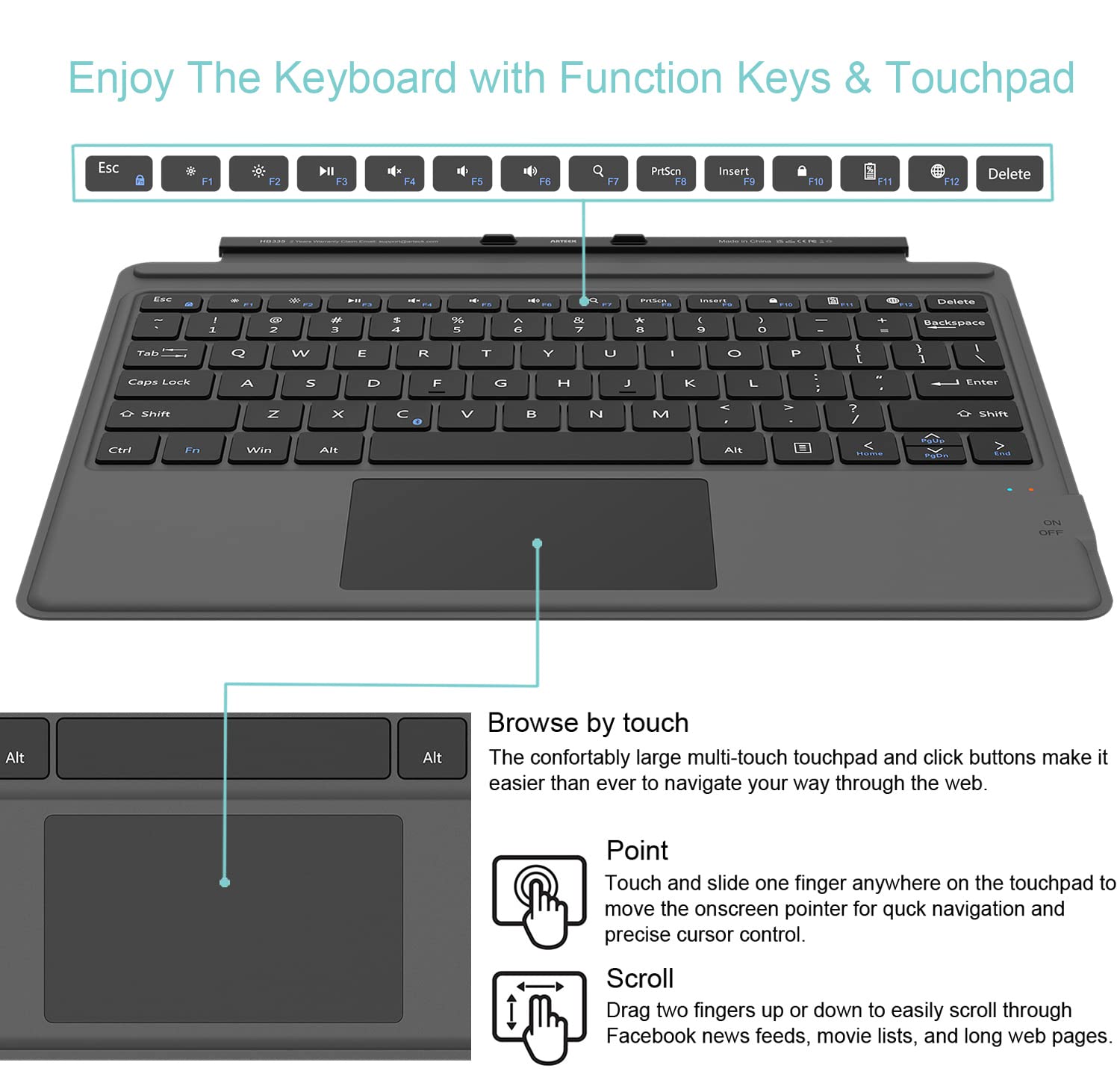 Arteck Microsoft Surface Pro Keyboard Type Cover, Ultra Slim Portable Bluetooth Wireless Keyboard For Latest Surface Pro 10, Pro