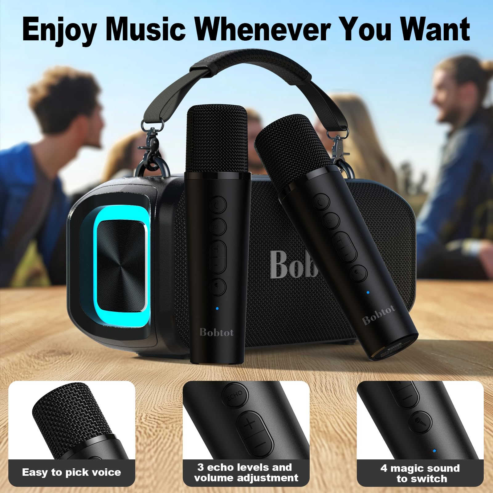 Small Portable Karaoke Machine For Adults With 2 Wireless Microphones, 40W Peak Bluetooth Speaker Four Magic Sound Effects Perfe