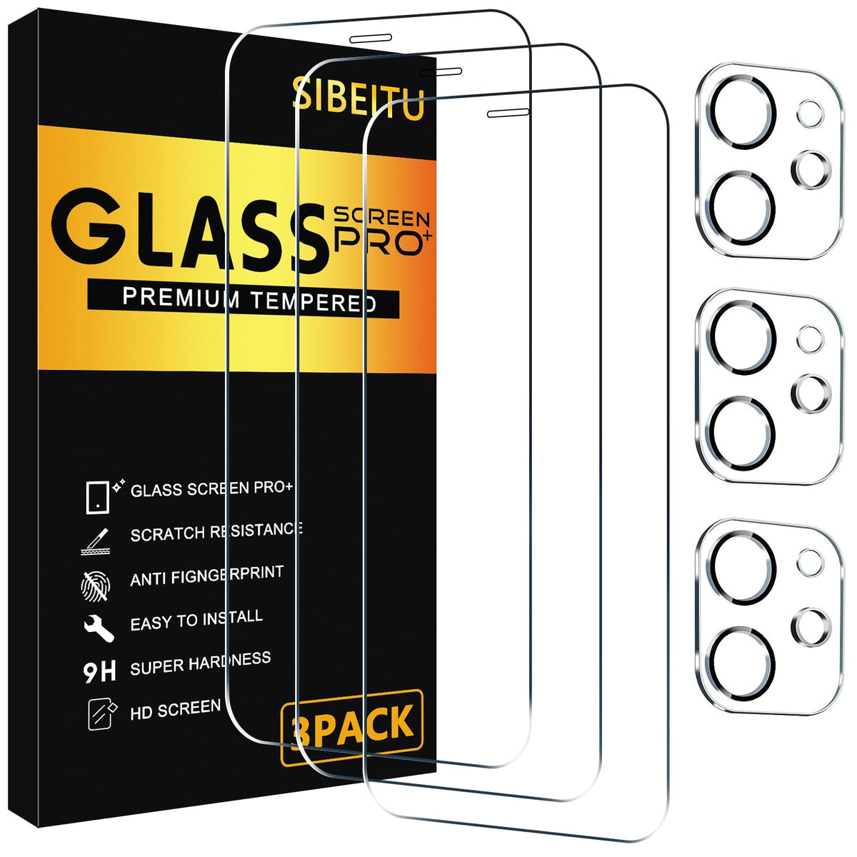 Sibeitu 3 Pack Screen Protector For Iphone 11 With 3 Pack Camera Lens Tempered Glass Protector, 6.1 Inch Tempered Glass Hd Clear