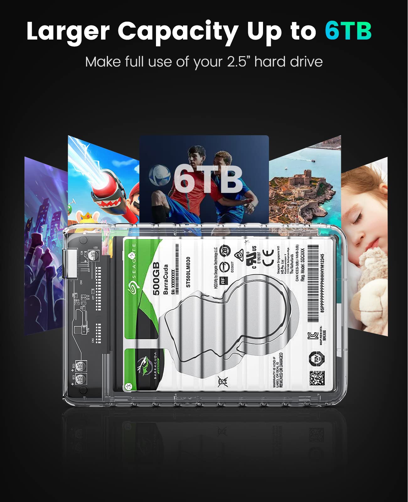 ORICO 2.5 inch Hard Drive Enclosure USB C to SATA III 6Gbps Clear External Hard Drive Case for All 7mm 9.5mm 2.5 inch SATA SSD HDD Up to 6TB, Tool Free, Support USB 3.2 Gen 2 UASP (2139C3)