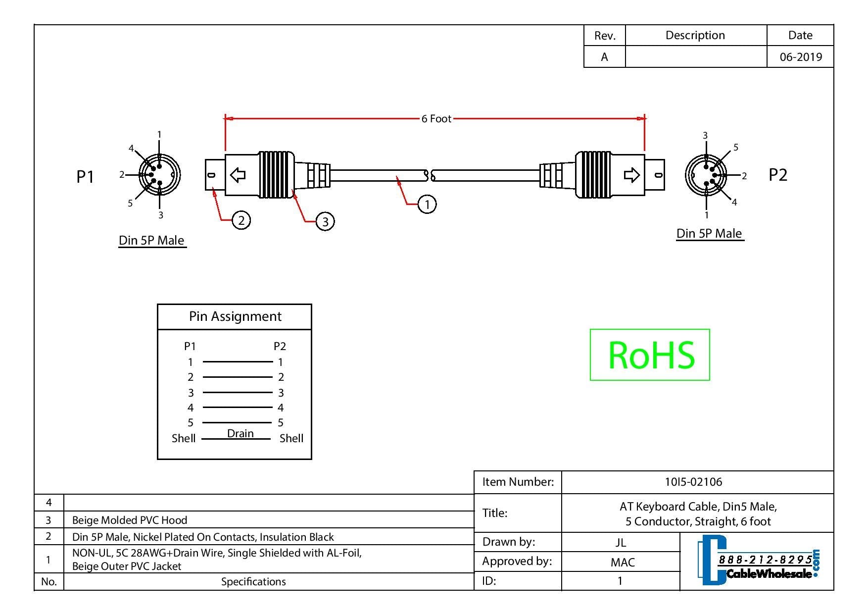 Cablewholesale At Keyboard Cable 6 Feet, 5 Pin Din To 5 Pin Din, Din5 Male With 5 Conductor Keyboard Cable, Beige