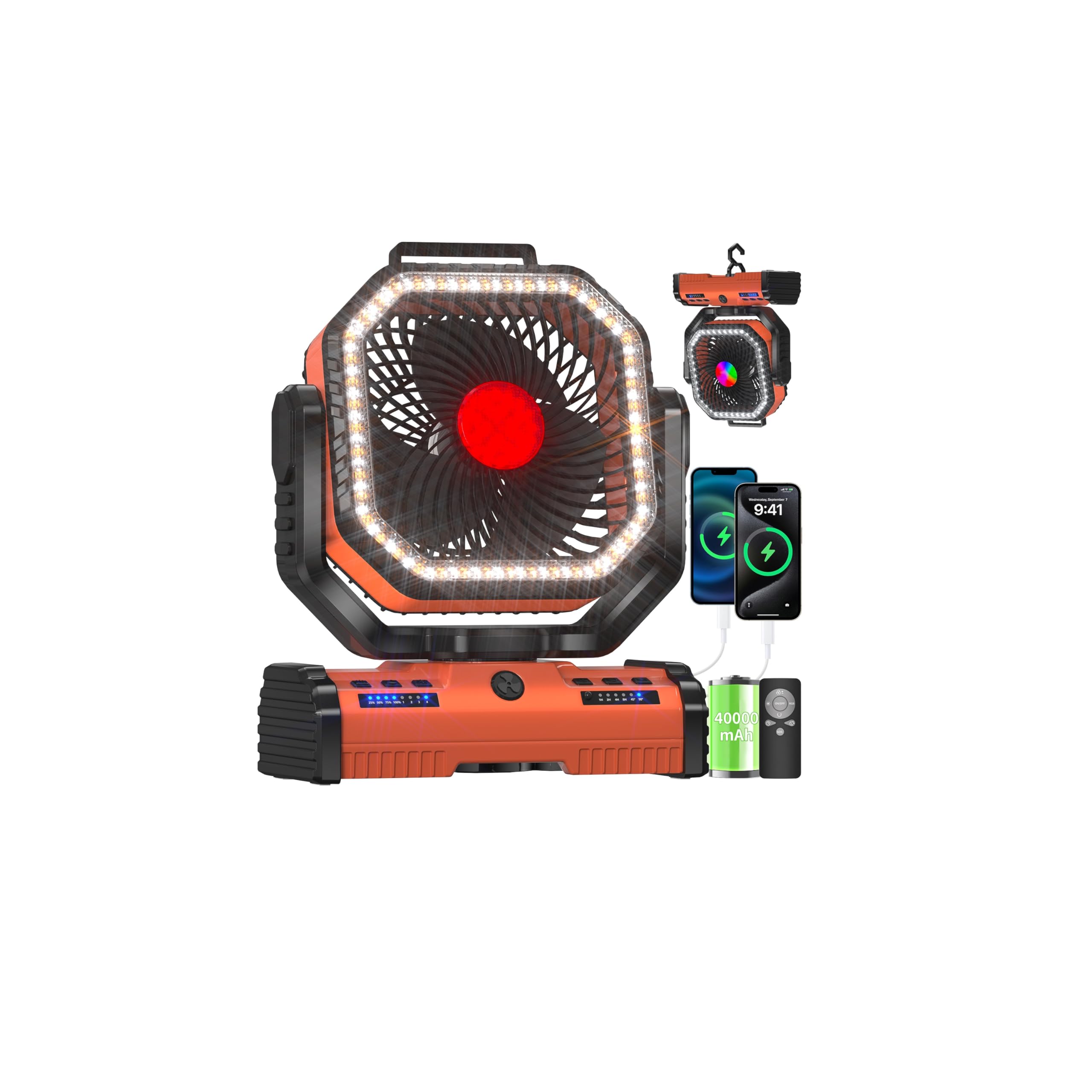 EEIFO 12 Inch Portable Camping Fan, 40000mAh Rechargeable Battery Powered Fan with 4 Speeds Wind and LED Light 140H, Cool & Warm