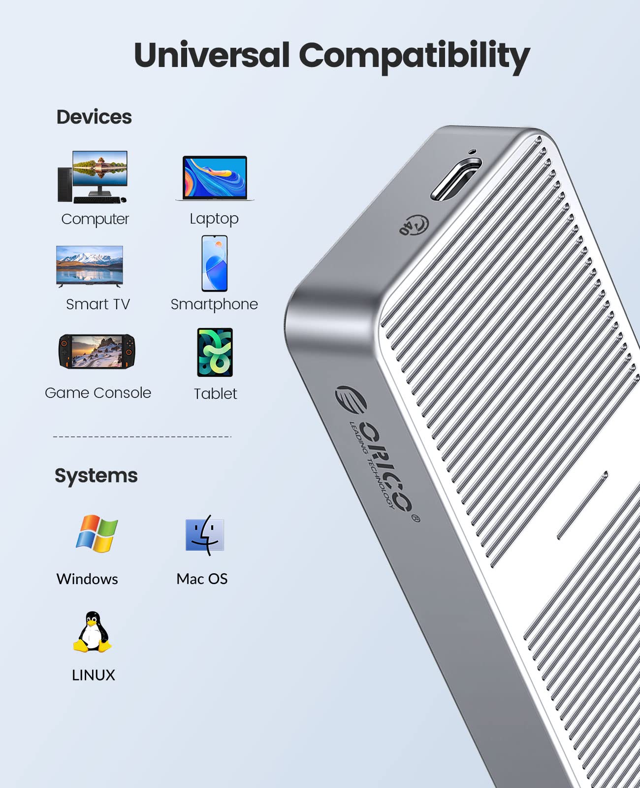 ORICO Upgraded M.2 NVMe SSD Enclosure 40Gbps PCIe3.0x4 USB C Adapter, Aluminum NVMe PCIe 2280 M Key(B+M Key) External Solid State Drive Case, Support Thunderbolt 3/4 USB3.2/3.1/3.0/Type C M224 Silver