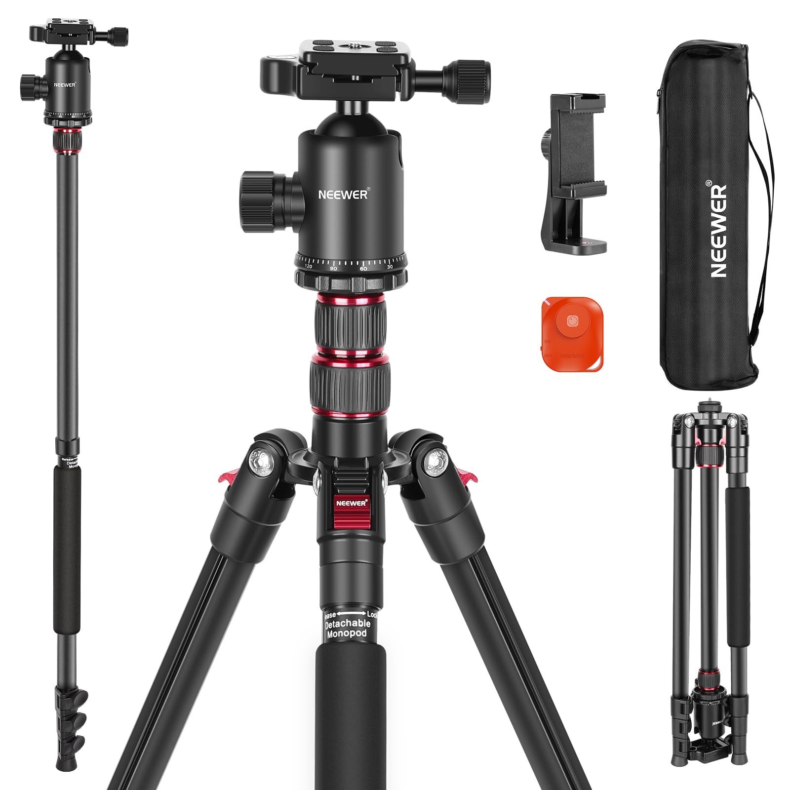 Neewer 77    Camera Tripod Monopod With Phone Holder, Portable Travel Tripod With Remote, 360 Ball Head, 2 Axis Center Column, A